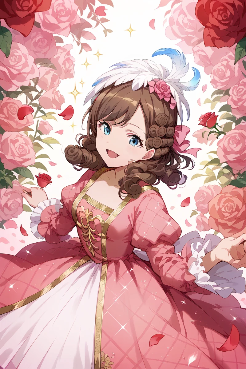 score_9, score_8_up, score_7_up, score_6_up, 1girl,
 <lora:Koharu_Yanagi:0.8> koharu, blue eyes, flower, brown hair, solo, dress, rose, hair ornament, feathers, open mouth, smile, petals, looking at viewer, sparkle, pink dress, long sleeves, mariann