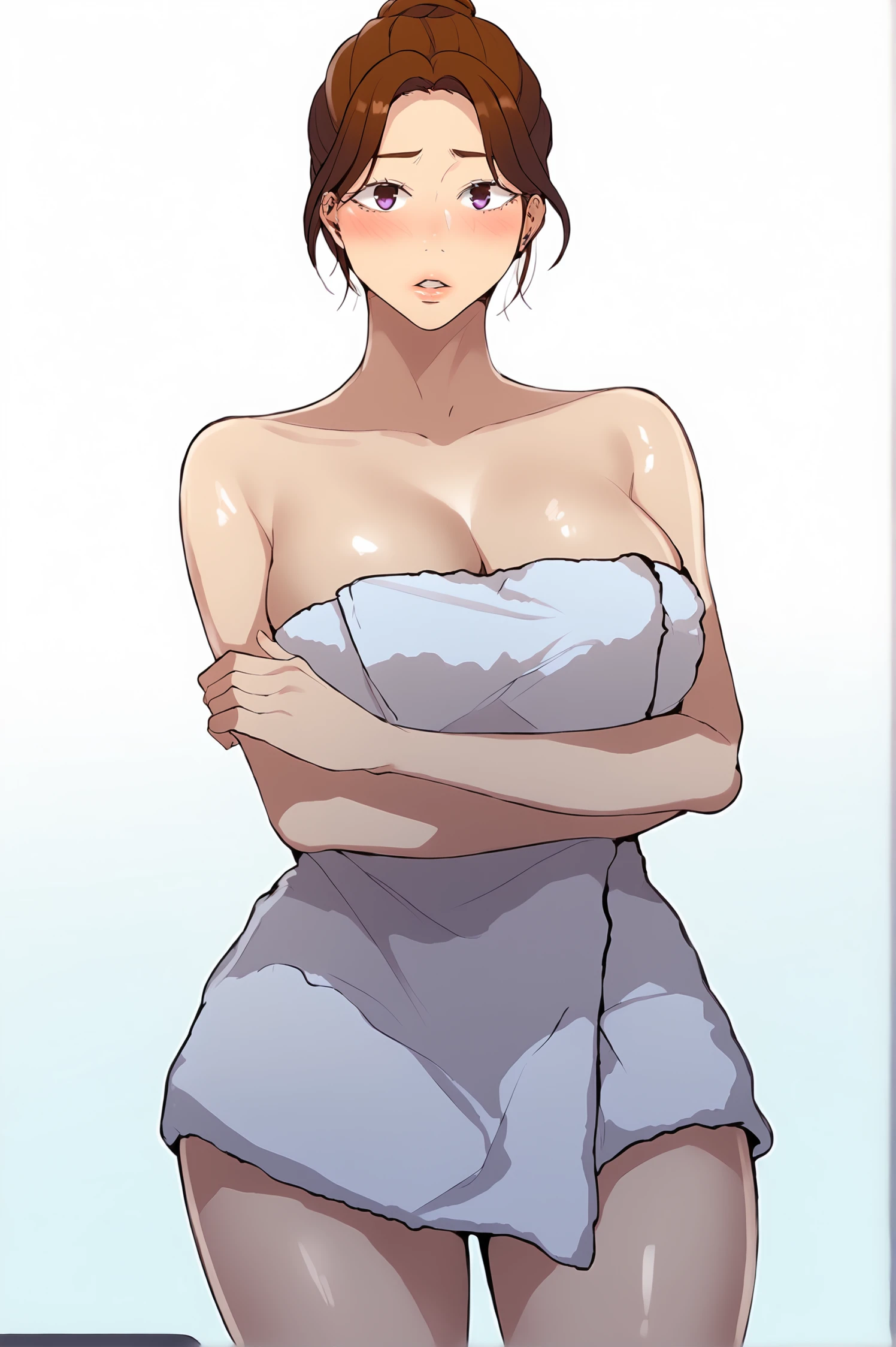 <lora:XL_AuntJune_SC:1> auntjunedef, purple eyes, brown hair, medium hair, 
simple background, white background, mature female, hair bun, large breasts, blush, 1girl, parted lips, solo, collarbone, cleavage, towel, bare shoulders, single hair bun, naked towel, thighs, crossed arms, score_9,score_8_up,score_7_up, detailed face, source_anime