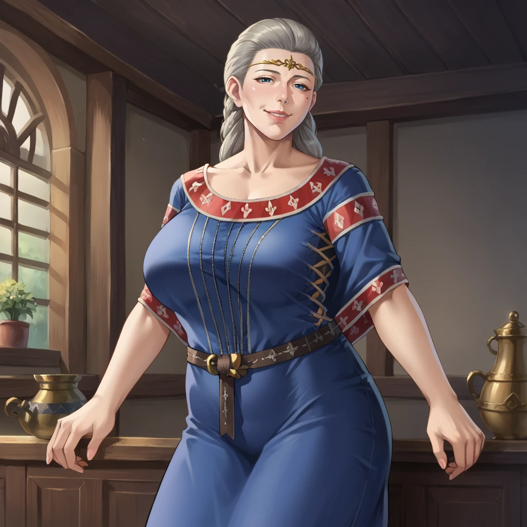 score_9, score_8_up, score_7_up, BREAK
source_anime,
BretonnianDamsel, detailed, grey hair, braids, blue dress,
mature woman, curvy,
looking at viewer, smile,
 <lora:Bretonnian_Damsel_PonyXL:0.8>