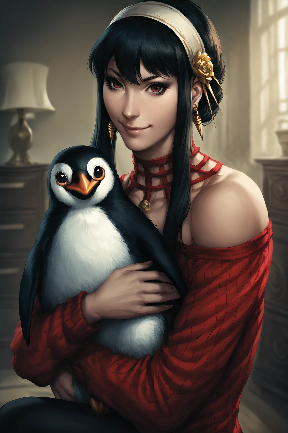 (masterpiece), (best quality), (intricate details, very aesthetic), highres, absurdres,  good hands, 1girl, <lora:stanley_lau-animagine:1>, stanley_lau_style, realistic,    yor briar, spy x family, black hair, earrings, sidelocks, red sweater, bare shoulders,  black pantyhose, smile, looking at viewer, hugging object, penguin, room, indoors