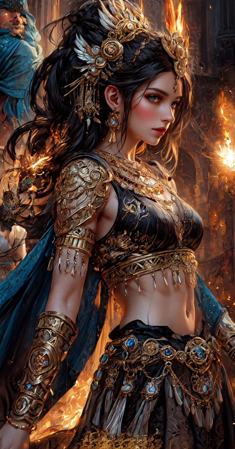 A majestic woman stands center-frame, resplendent in intricate jewelry and regal attire, as fiery sparks illuminate the mystical atmosphere. Amidst a backdrop of ancient architecture, she's flanked by equally ornate companions, their faces set in determined poses, suggesting a climactic moment in a ritual or battle scene.<lora:EMS-326568-EMS:0.800000>, <lora:EMS-338534-EMS:0.600000>