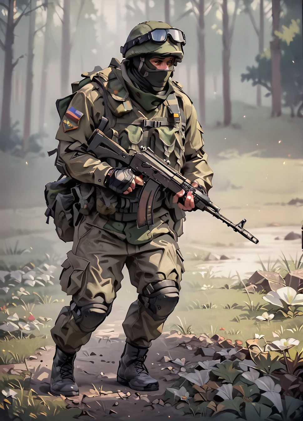 score_9, score_8_up, score_7_up, score_6_up,score_5_up, RussianSoldier,  full body, black balaclava, forest, <lora:RussianSoldierV2-000005:1>