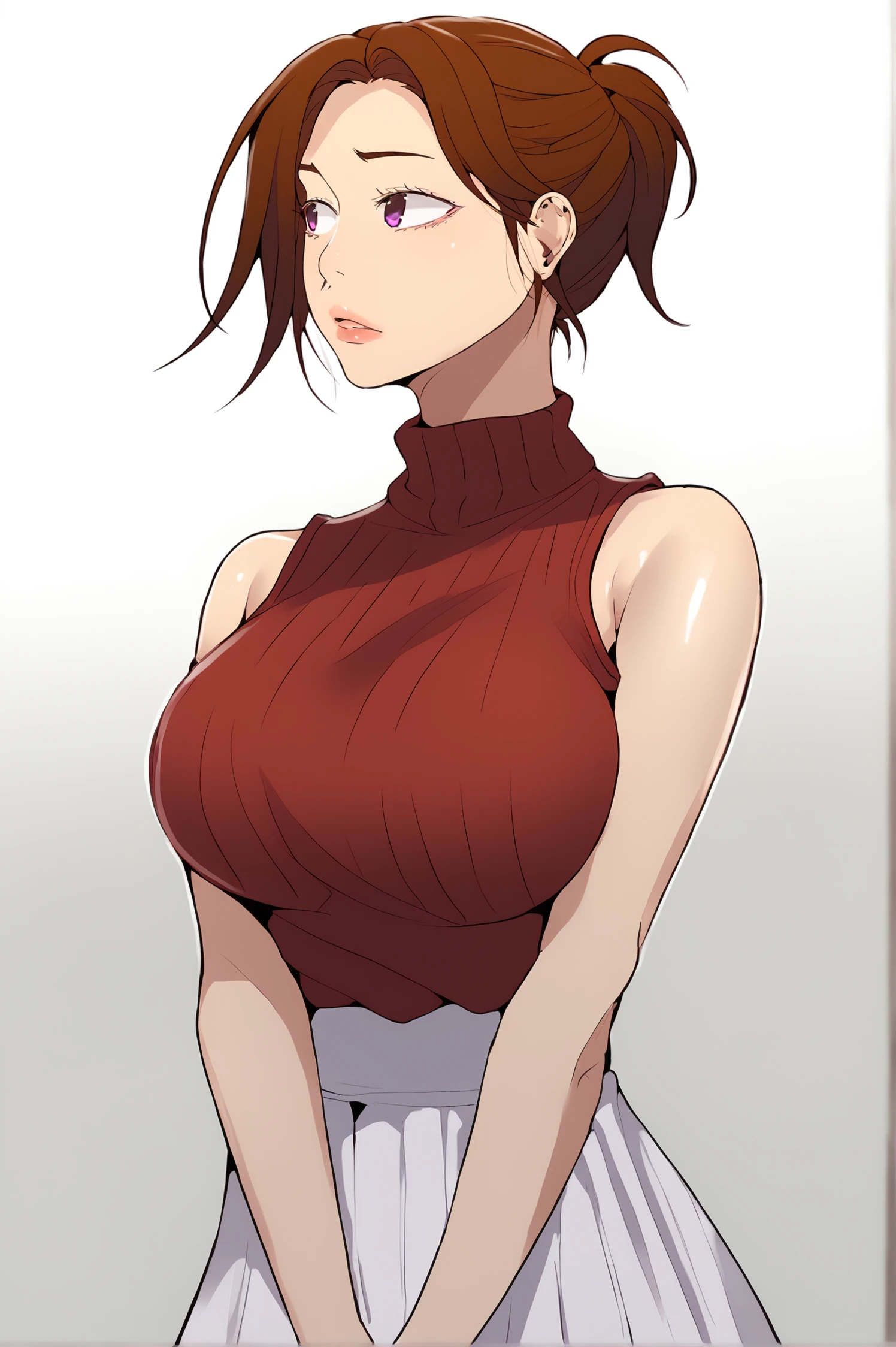 <lora:XL_AuntJune_SC:1> auntjunedef, purple eyes, brown hair, medium hair, 
simple background, white background, looking to the side, red sweater, bare shoulders, sleeveless, large breasts, white skirt, 1girl, solo, ribbed sweater, v arms, short ponytail, score_9,score_8_up,score_7_up, detailed face, source_anime