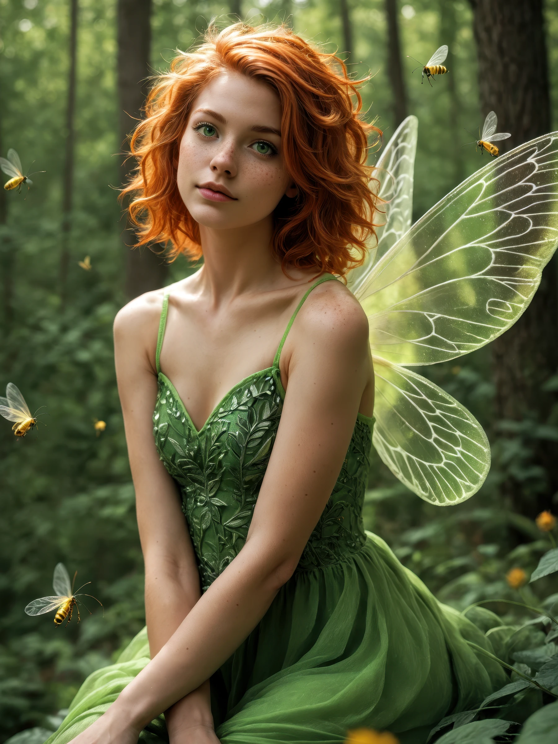 score_9, score_8_up, score_7_up, realistic lighting, photo, photorealistic
very aesthetic, best quality, absurdres, (rating_safe), detailed face and eyes, fairy with wings, ginger hair, messy hair, dress, fireflies, forest, green eyes, (freckles:0.8)