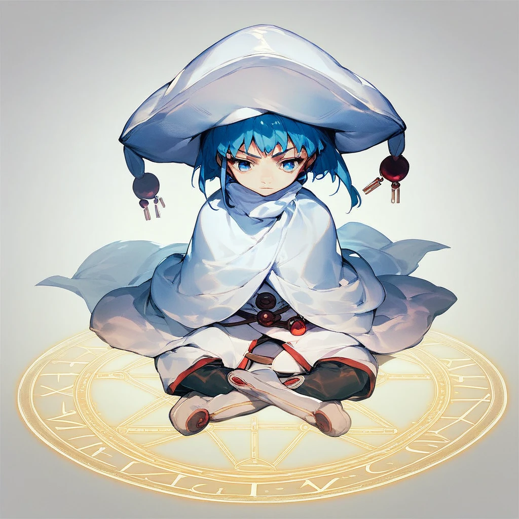 score_9, score_8_up, score_7_up, score_6_up, Hecate, 1girl, solo, short hair, blue eyes, hat, white background, blue hair, boots, cape, cloak, magic circle, sensitive