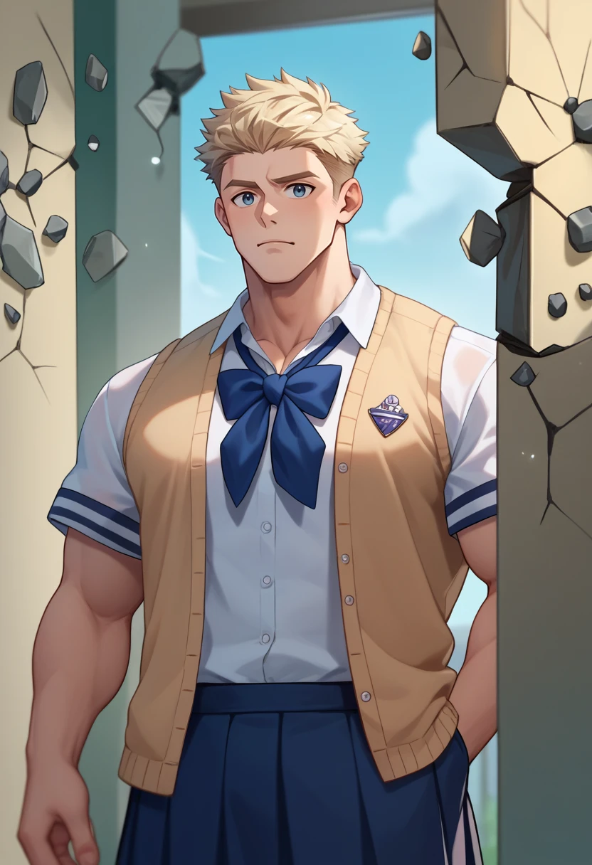 score_9, score_8_up, score_7_up, NokotanEnteringClassroom, broken wall, stone, <lora:NokotanEnteringClassroomMeme_pdxl_Incrs_v1:1>, 1boy, muscular male, huge pectorals, school uniform,