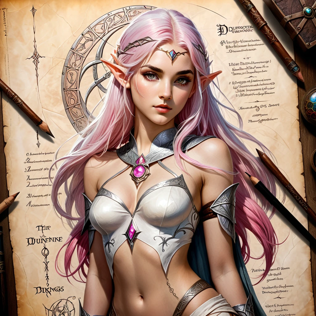 breathtaking RAW photo of female ((THigh quality concept art portrait featuring a fantastic and beautiful and fair 18 years old whit Silver pink hair and Hazel eyes Caucasian o lot of color Elven women(Bella Delphine) whit drawn on weathered parchment, using lord of the rings or dungeons and dragons, character sheet, perfect anatomy, parchment serves as a canvas decorated with ancient runes, made by hand. sketches drawn, by Boris Vallejo, high details,

(masterpiece:1.2), (best quality:1.2), ultra-detailed, best shadow, detailed background, high contrast, (best illumination, an extremely delicate and beautiful), ((cinematic light)), 8k