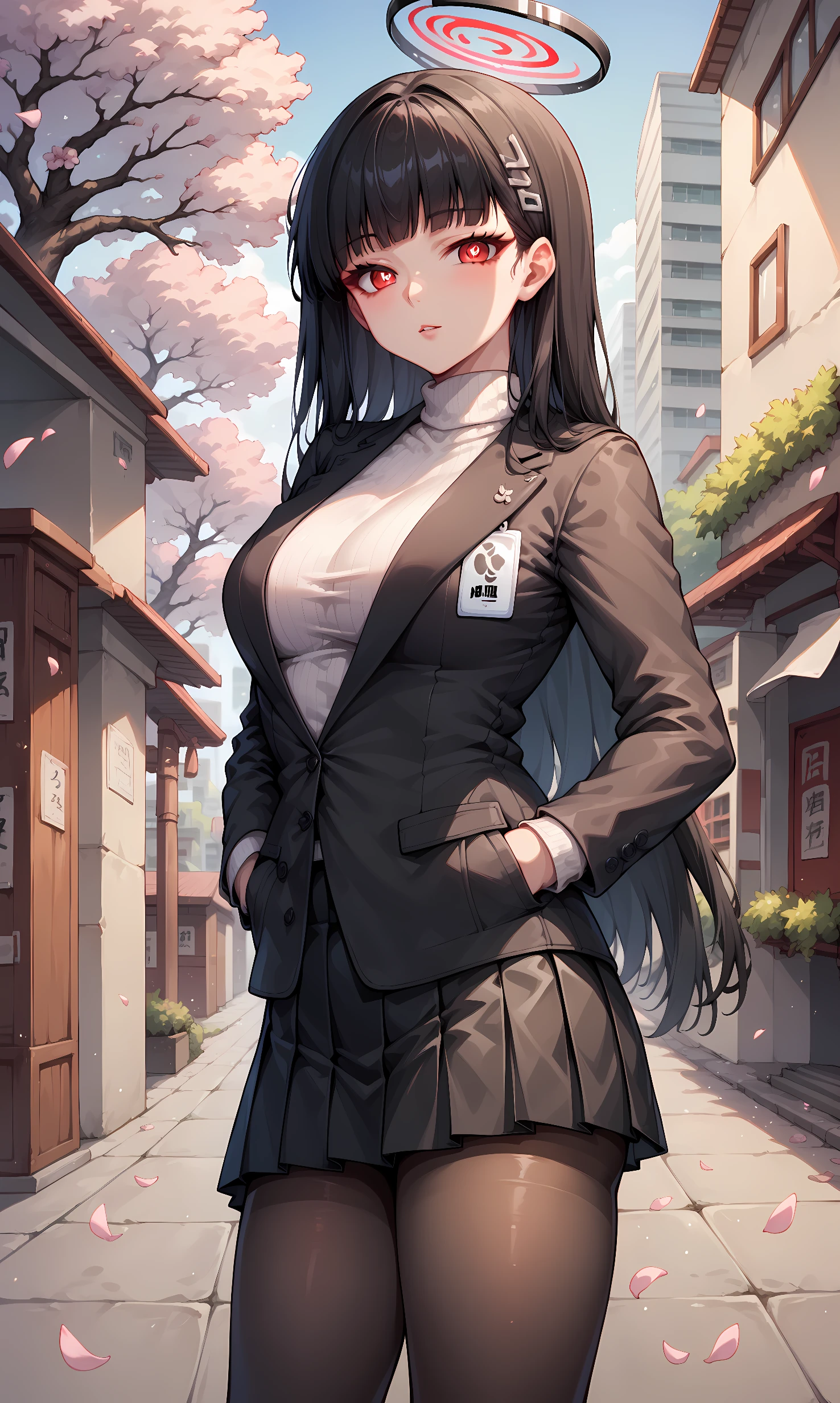 score_9, score_8_up, score_7_up, score_6_up, score_5_up, score_4_up, BREAK source_anime, 1girl, solo, outdoors, street, cherry blossoms, cowboy shot, standing, looking at viewer, rio, red eyes, bright pupils, black hair, very long hair, blunt bangs, hairclip, halo, black blazer, closed clothes, white sweater, turtleneck, sweater under jacket, long sleeves, id card, black skirt, pleated skirt, black pantyhose, hands on pocket