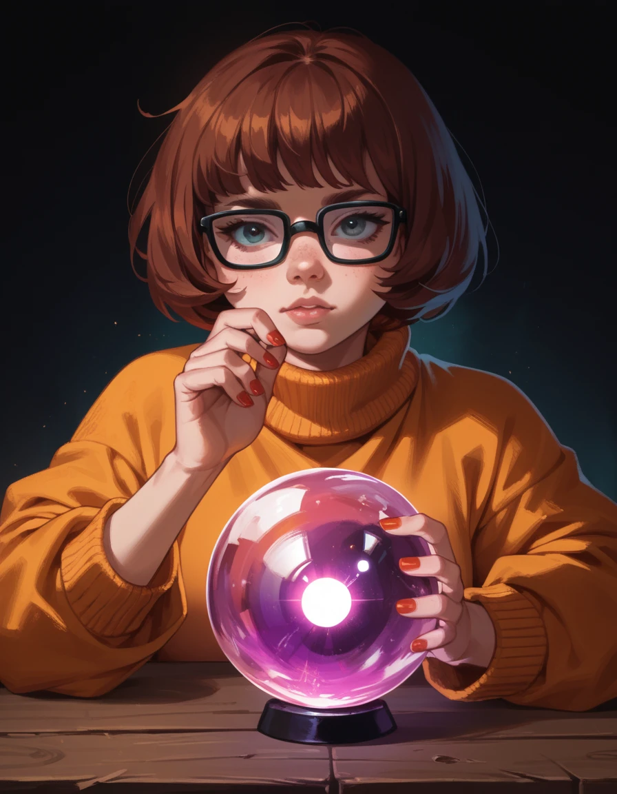 score_9, score_8_up, score_7_up, score_6_up, score_5_up, score_4_up, 1girl, velma dace dinkley, hud_cryst4l_b4ll, glowing, crystal ball, orb, upper body, table, nail polish, 