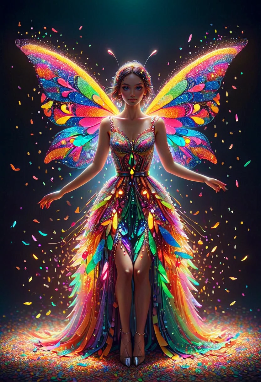 conf3tti, made of confetti, neon lighting, woman, colorful dress, butterfly wings, decorative, contrasting elements, ethereal, colorful beads, light, illuminated, intricate designs, vibrant colors, whimsical, playful <lora:Confetti_World_Morph:1>