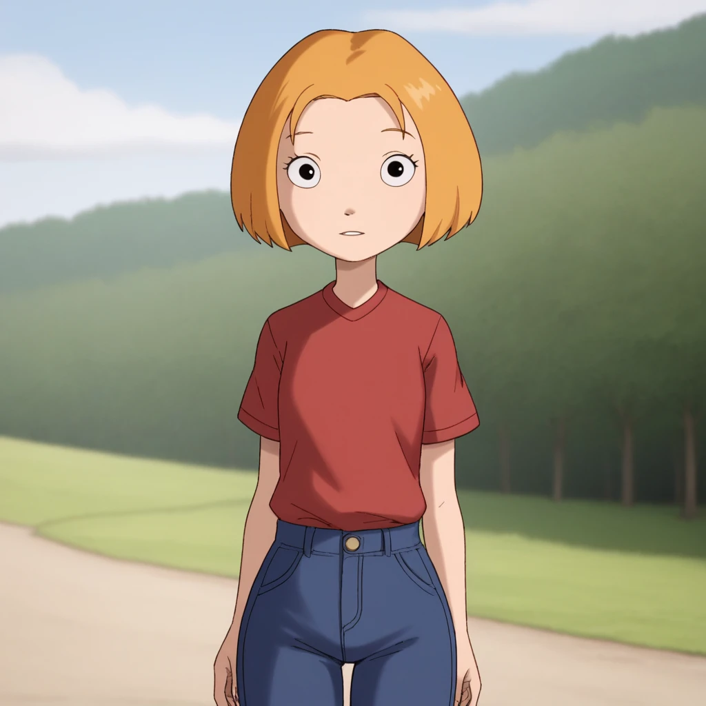 score_7_up, BREAK, lormcquarrie, 1girl, solo, blonde hair, short hair, black eyes, red shirt, short sleeves, blue pants, cowboy shot, outdoors,    <lora:LorMcQuarrie_PXL_Leaf1:1>, looking at viewer,