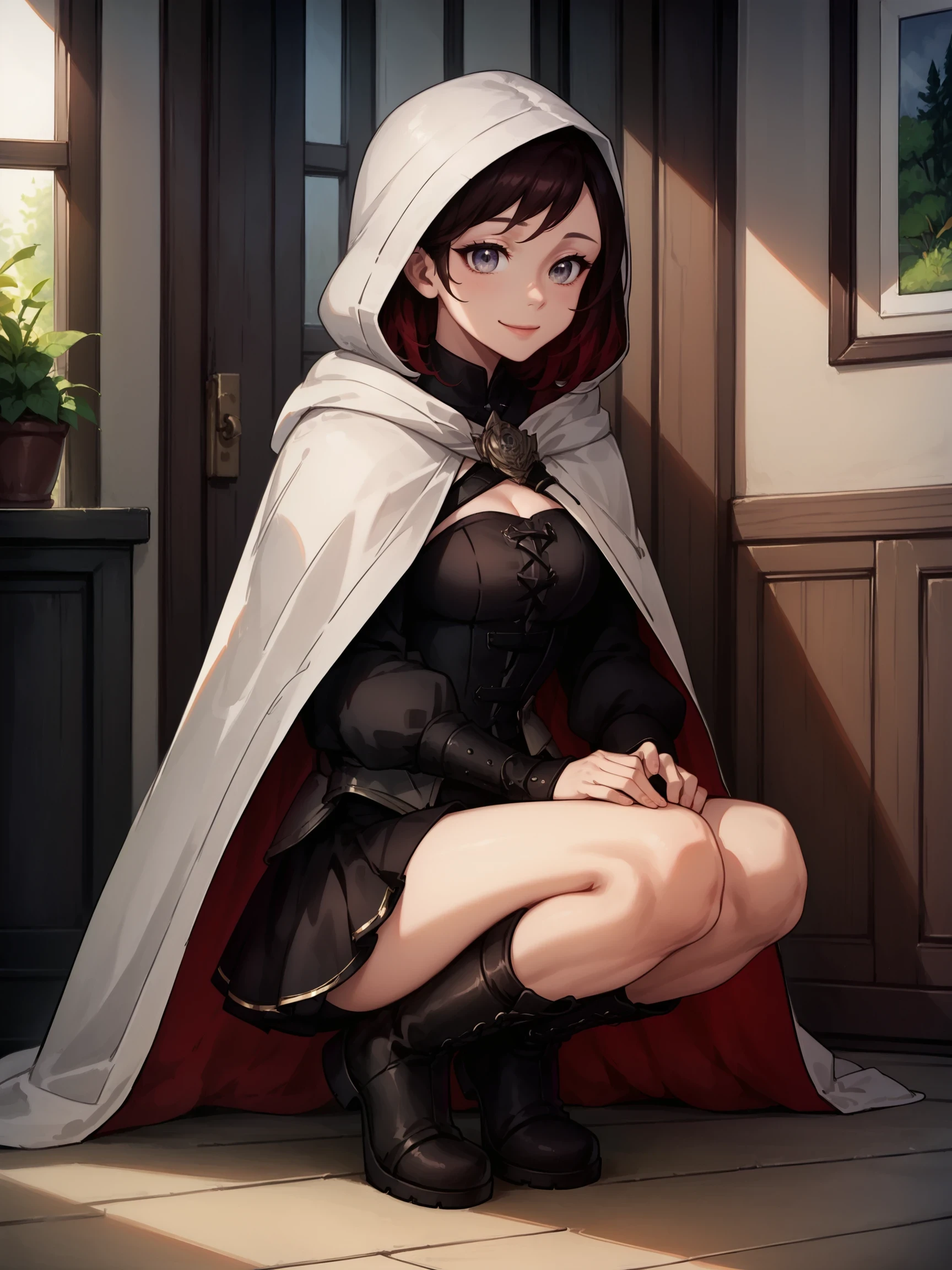 ((Crouching with hands on the ground)), smile, SummerRose, 1girl, solo, two tone hair, black hair, red hair, silver eyes, OriginalOutfit, cape, white cape, long sleeves, black corset, short black dress, skirt, long boots, ((white hood, hood up)),

 score_9, score_8_up, score_7_up, masterpiece, indoors, detailed background, living room, furniture 