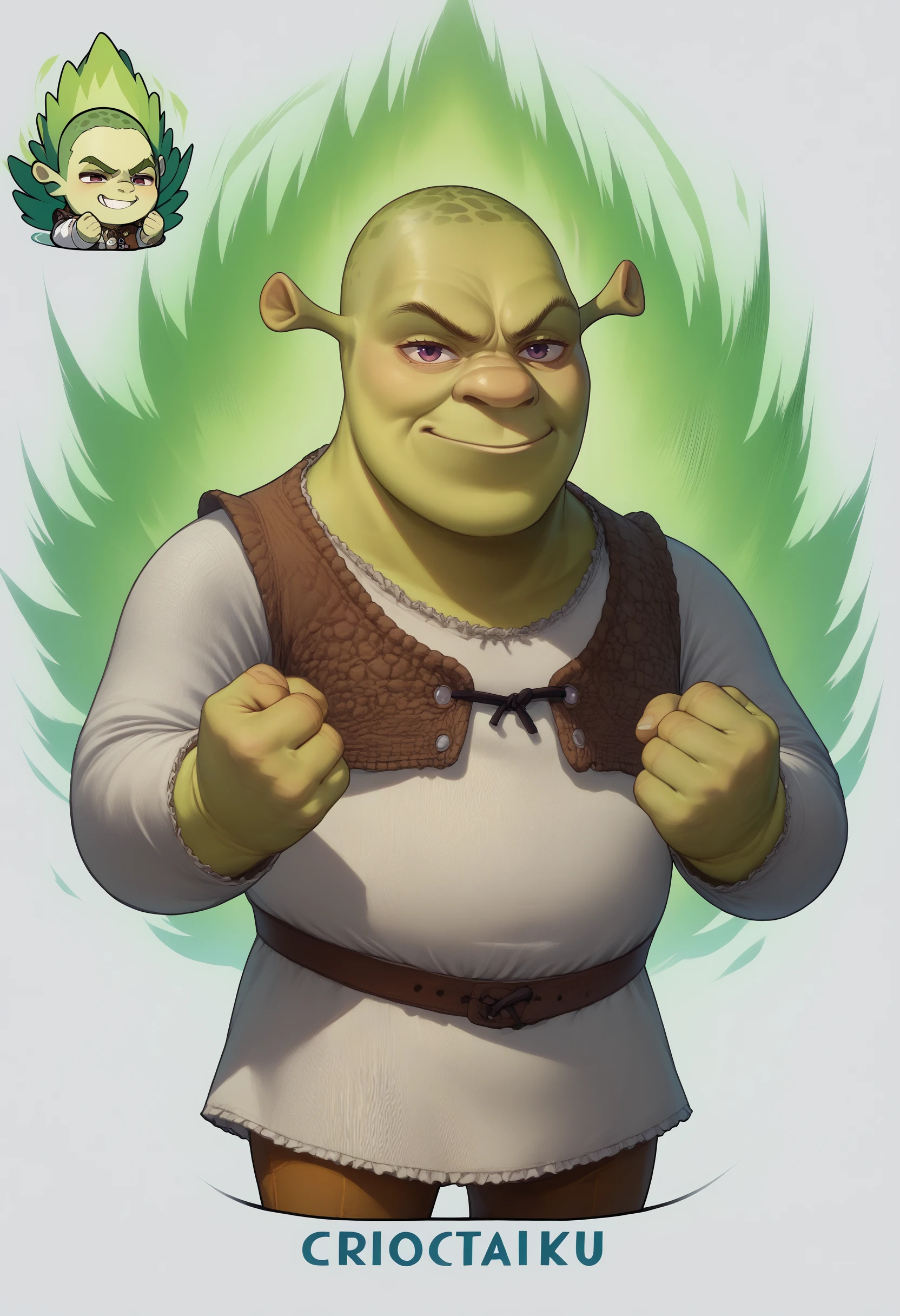 score_9, score_8_up, score_7_up, sticker, chibi, reference inset, <lora:GenshinImpactStickerRedraw_pdxl_Incrs_v1:1.4>, white background, <lora:Shrek_XLPD:1> shrek, green skin,  <lora:DBKiCharge_XLPD:0.7> Ki Charge, aura, green aura, cowboy shot, clenched hand, smirk,