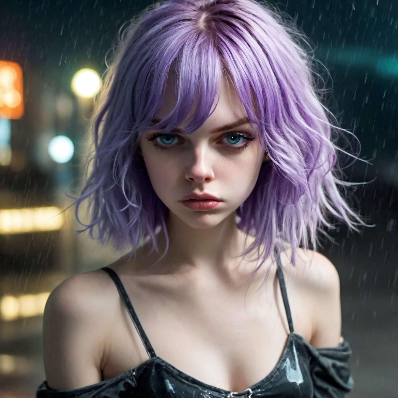 20 year old woman, (pouting, seething:1.7), tall, dyed violet hair, short bob haircut, hair bangs, bare shoulders, off shoulder, at night, science fiction, cyberpunk, (outside a store front, neon lights:1.5), glowing runes, wearing  a uniform, (wearing a belt, thin waist, wide hips:2.0), cleavage, windy, windblown hair, (raining, steam:2.0), (by Harumi Hironaka:0.5) <lora:Emotion Puppeteer XL_epoch_17:0.8>