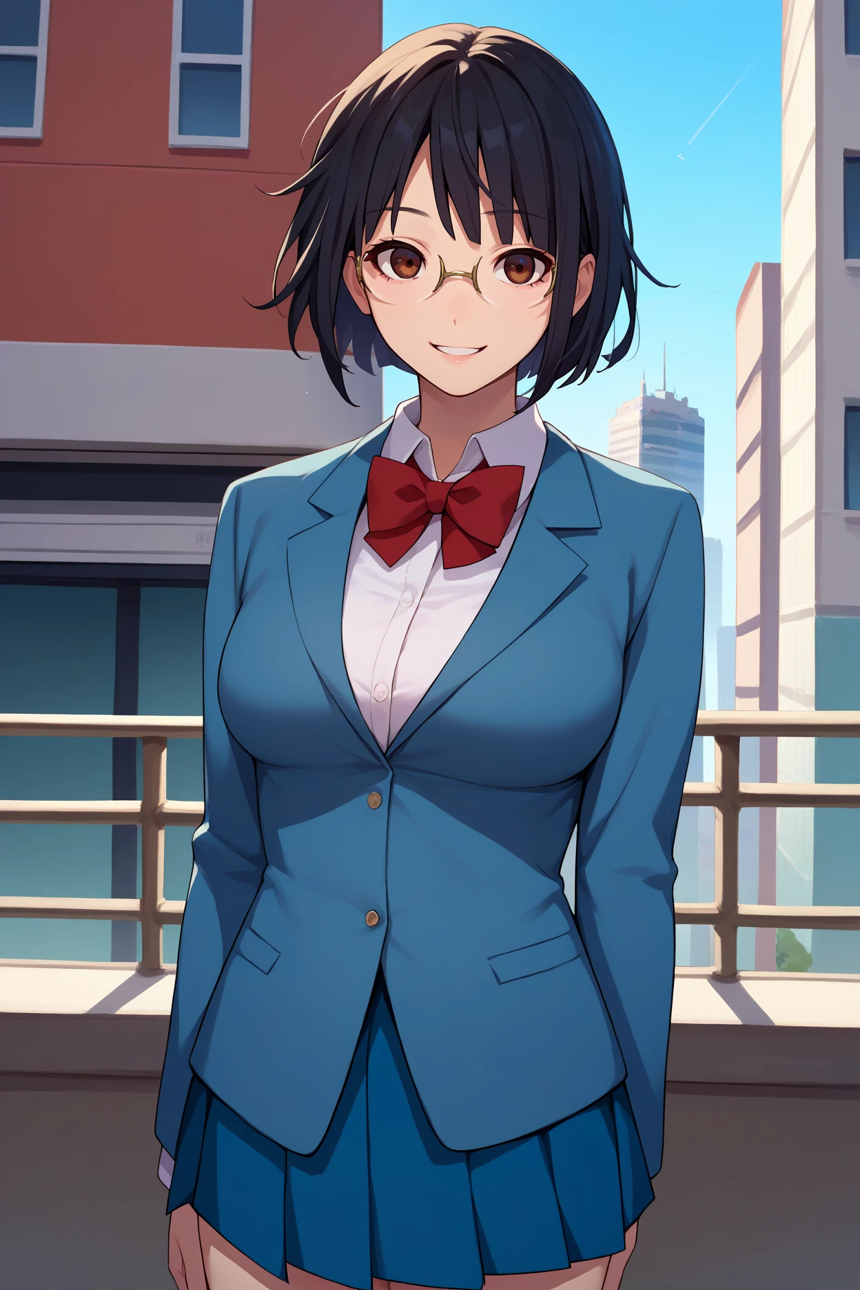 score_9, score_8_up, score_7_up, score_6_up, source_anime, 1girl, solo, <lora:sonoharaanri-pdxl-nvwls-v1-000006:1> anri, black hair, short hair, bob cut, brown eyes, glasses, blue blazer, red bowtie, collared shirt, dark blue skirt, pleated skirt, big breasts, looking at you, smile, upper body, thighs, blue sky, city