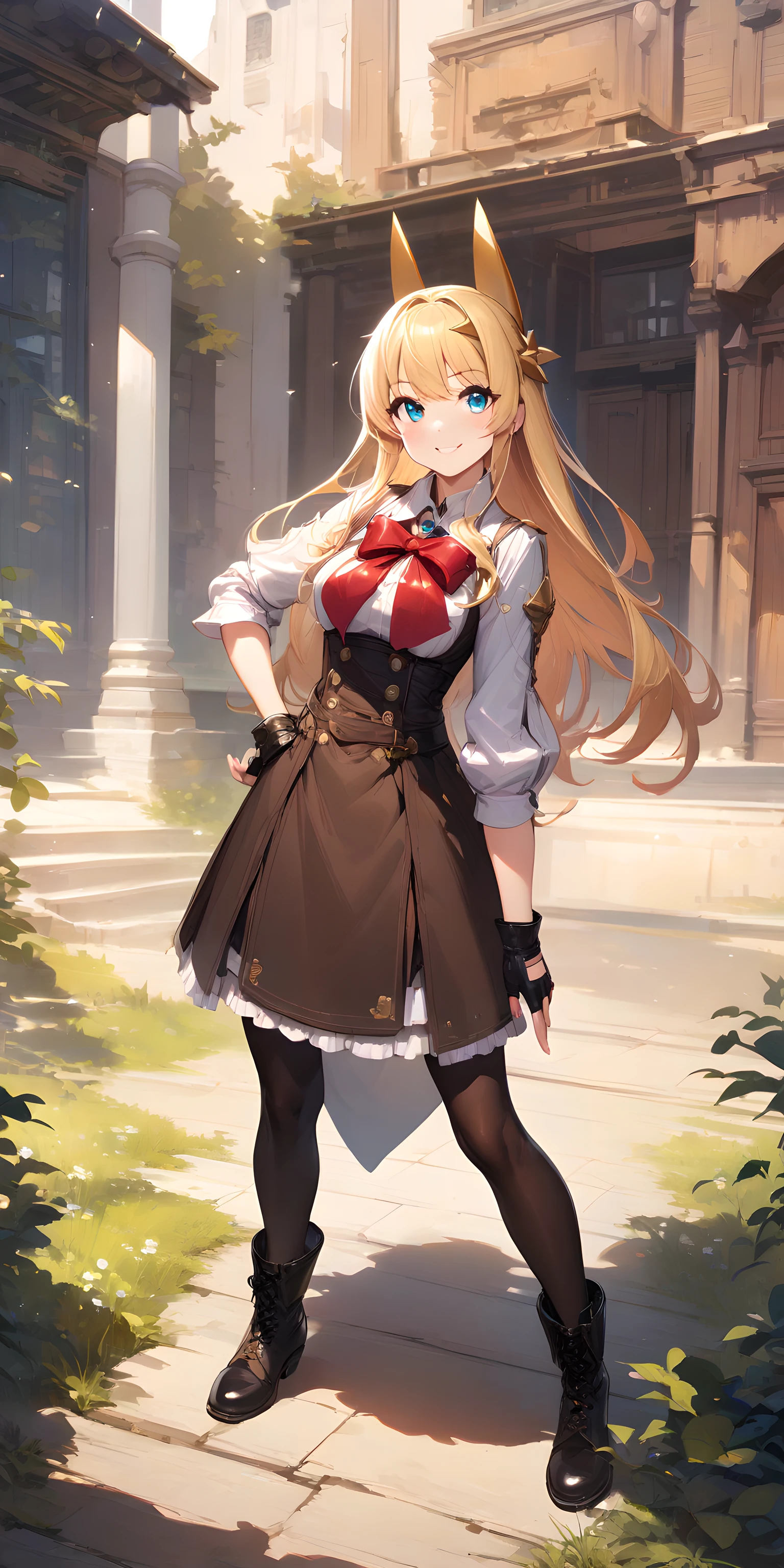 (masterpiece),(best quality),(ultra-detailed),(best illustration),(best shadow),(absurdres),(detailed background),(very aesthetic),  tachibana_hinata, 1girl, blonde hair, solo, long hair, gloves, smile, blue eyes, fingerless gloves, boots, pantyhose, dress, black pantyhose, full body, hand on hip, red bow, black gloves <lora:XL-TachibanaHinata:1>