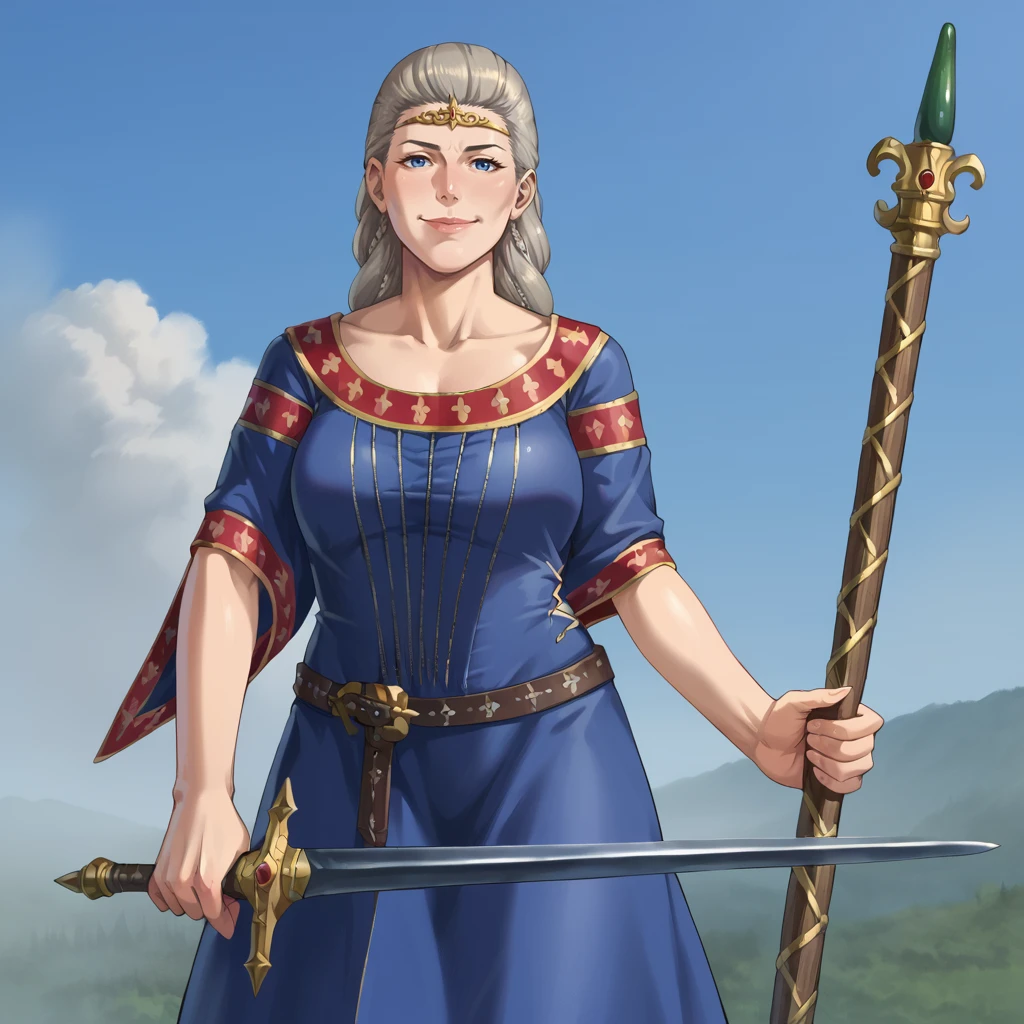 score_9, score_8_up, score_7_up, BREAK
source_anime,
BretonnianDamsel, detailed, grey hair, braids, blue dress,
mature woman, holding staff, holding sword,
looking at viewer, smile,
 <lora:Bretonnian_Damsel_PonyXL:0.8>