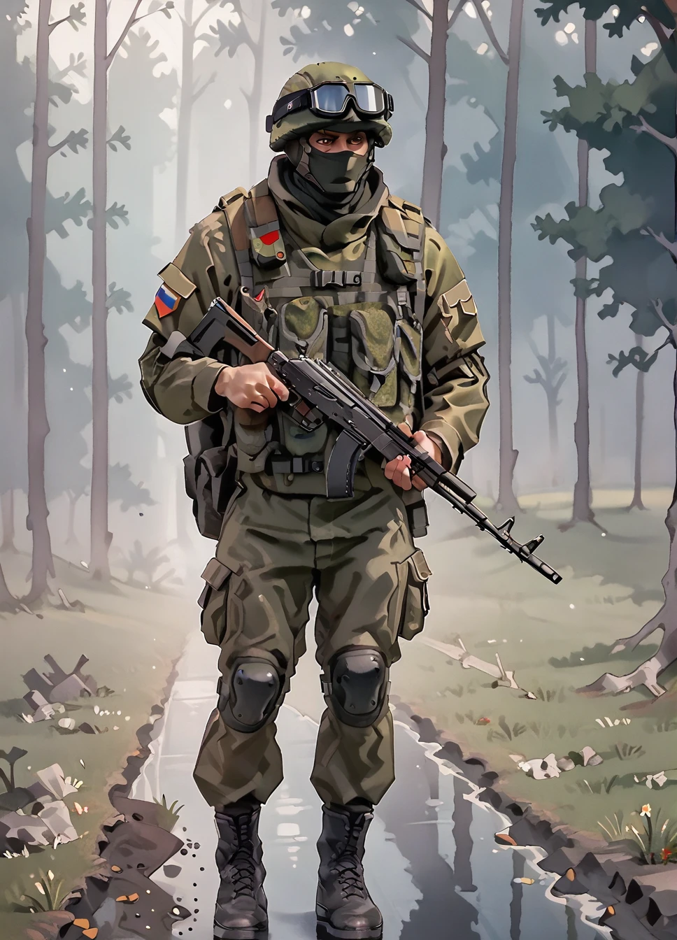 score_9, score_8_up, score_7_up, score_6_up,score_5_up, RussianSoldier,  full body, black balaclava, forest, holding ak-74,  <lora:RussianSoldierV2-000005:1>