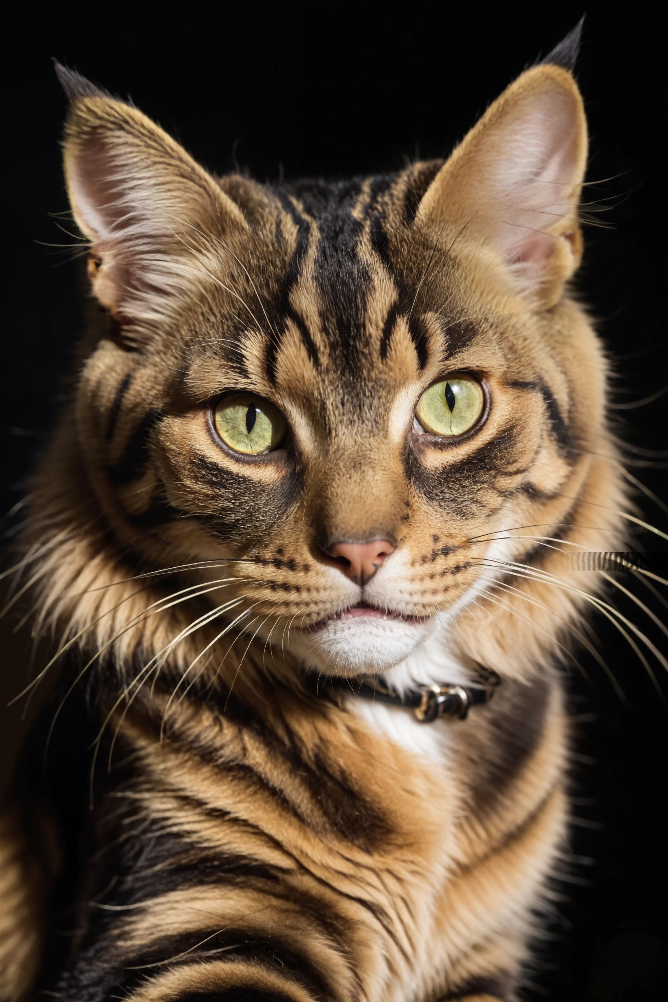 RAW photo, dramatic light, close up view, a rich golden and dark brown stripes cat, green eyes,  black background, 8k