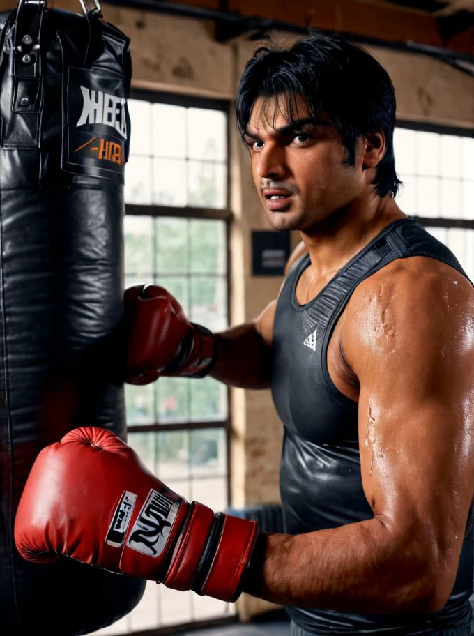 Neeraj Chopra a man <lora:Neeraj-Chopra:1> punching a boxing bag in a grungy gym. Sweating it out, wearing a tight wet vest showing ripped biceps. Side view, high detail, realistic, 8k, depth of field, sharp focus, intricate, smooth, masterpiece, photorealistic, professional photoshoot quality, highly detailed detailed face, realistic skin, ultra-realistic, uhd, full body in frame, <lora:add-detail-xl:1>