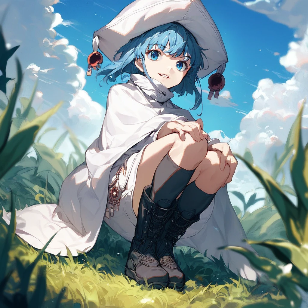 score_9, score_8_up, score_7_up, score_6_up, Hecate, 1girl, looking at viewer, smile, short hair, open mouth, bangs, blue eyes, long sleeves, hat, blue hair, boots, outdoors, parted lips, sky, solo focus, day, socks, pants, cloud, cape, black footwear, blue sky, kneehighs, dutch angle, white headwear, squatting, knee boots, cloudy sky, grass, plant, out of frame, blurry foreground, white cape, hand on own knee, sensitive