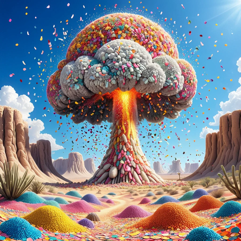 conf3tti, nuclear mushroom cloud made of confetti, desert landscape <lora:Confetti_World_Morph:1>