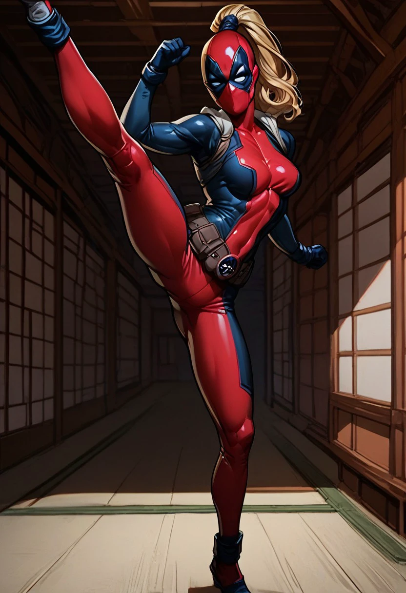 score_9, score_8_up, score_7_up, score_6_up, score_5_up, score_4_up,intricate detail, high res,
1girl, solo, bodysuit, blonde hair, ponytail mask, mask, breasts,
Full body, in dojo, side kick