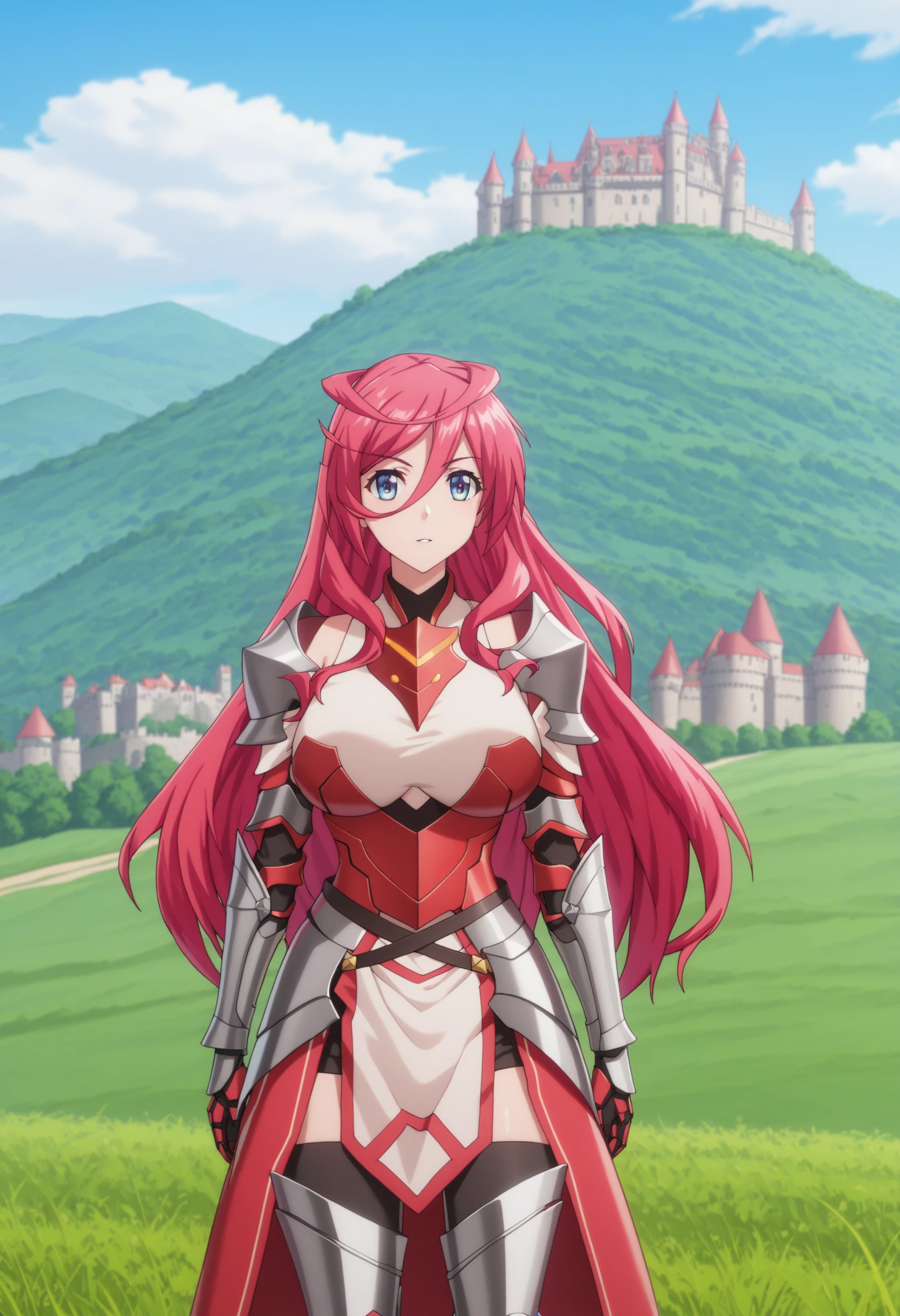 sysdeep_saria, 1girl, solo, long_hair, breasts, blue_eyes, large_breasts, hair_between_eyes, pink_hair, red_hair, metal_armor, knight, hill, outdoors, castle, scenery, <lora:Saria - [The Fruit of Evolution] - SDXL Version 1:1>