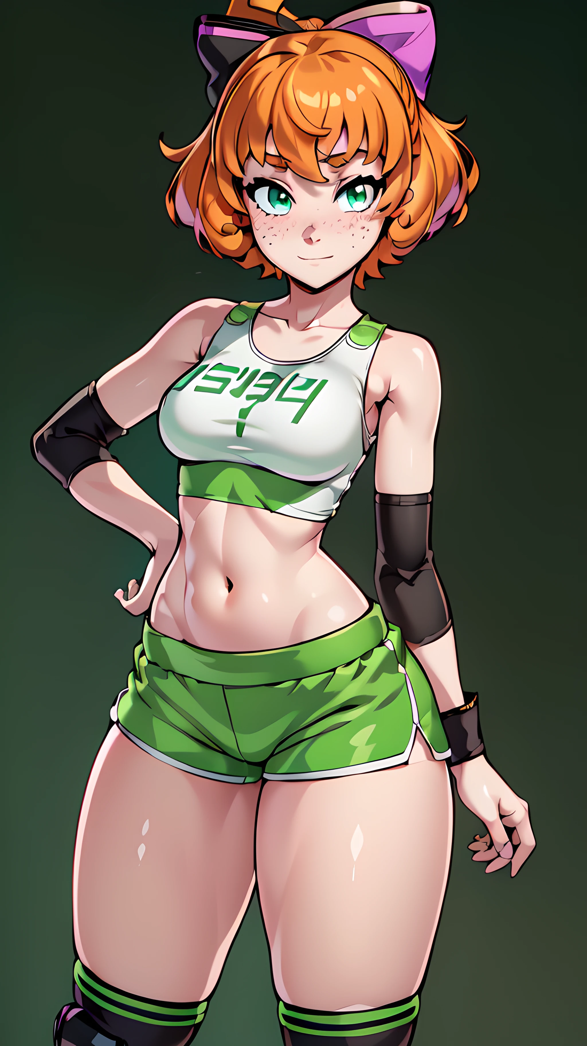 ((Masterpiece, best quality, simple, vibrant colors, (high res), HD, 4k)) (Cowboy Shot:1) (Simple Background, Gym Background:1) (Beautiful, medium_Breasts:1.5), (narrow_waist), (smile:1)  <lora:Good Hands:0.5> good hands, best hands <lora:RWBY_GYM-08:0.35> <lora:RWBY_GYM-10:0.35> rwby_gym, white Shirt, PNNY written on shirt, bright green writing on shirt, crop top, elbow pads, black elbow pads, wrist bands, short shorts, bright green short shorts, gym shorts, japanese burumas, knee pads, black knee pads <lora:pennypolendina-lora-nochekaiser:0.35> penny polendina <lora:PennyPolendinaV2-Dim32Alpha16:0.35> Penny Polendina, curly hair, freckles, short hair, pink bow