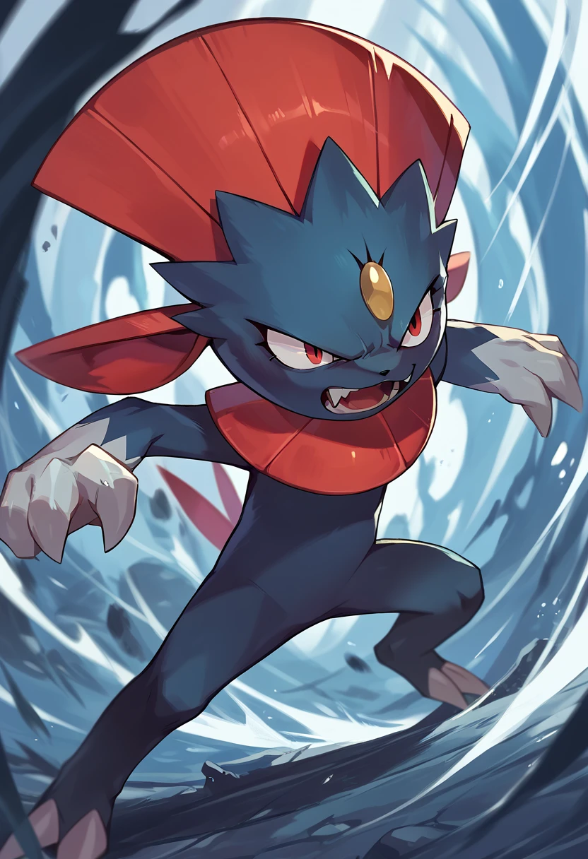 score_9, score_8_up, score_7_up, score_6_up, source_furry, solo, dof, full-length portrait, blurred background,  <lora:POKEMON_WEAVILE:1> weavile, pokemon (creature), action, attacking, cinematic, motion blur, energy