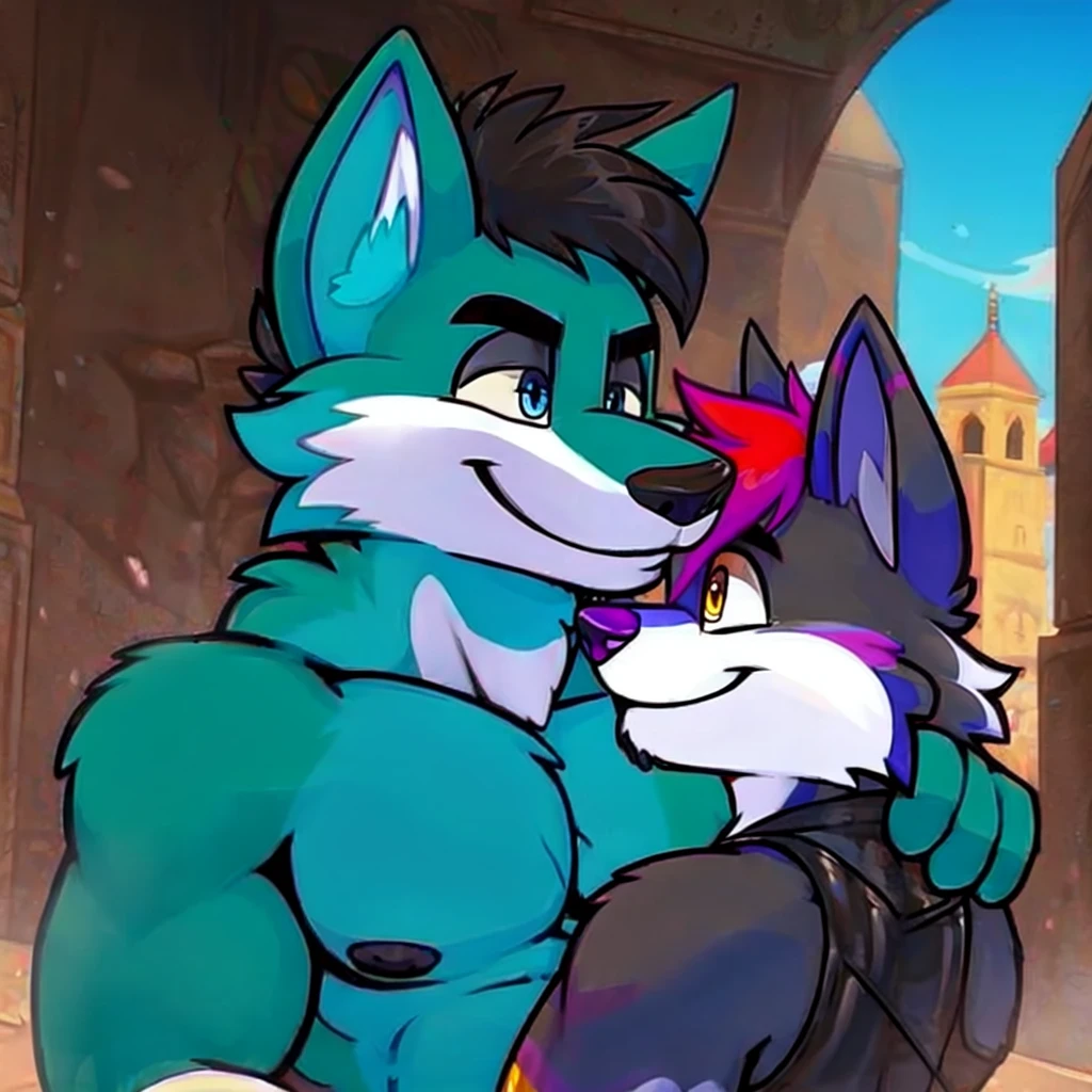 Couple of Sexy young anthro furry wolf males mercenary medieval soliders, slim endomorph muscular, anthro handsome gay shorter muzzle, handsome gay model male apperance, sword scars, worn out leather skimpy armament, low on hips heavy leather belt, old very worn out skimpy dirty linen material jockstrap, old yellow dirty worn out stains on white sawn bulge jockstrap, very visible "x" brown seam pattern on the jockstrap, studded skimpy armlets breastplate armor, skimpy breastplate, leather bondages, fingerless leather gloves, smelly unwashed husk, dirty body look, desert battlefield, they touch each other with their bulgy jockstraps kissing together, they are close sexilly hugging and gay kissing, side view, they press jockstraps against each other, they rub bulge jockstraps against each other, precum