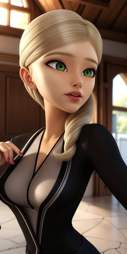 Hyperrealistic, photorealistic, super detailed, blond hair which kept in a side ponytail, upturned green eyes, thin eyebrows, pointy chin, body like in real life, large pores, fair-skinned, beautiful arms, unreal engine, octane render, droped shadow, bokeh, cinematic lighting, Amelie Graham de Vanily, Emilie Agreste, , <lora:ff2c9a34-5dff-4a13-8ade-c0c35d6a79ce:0.7>