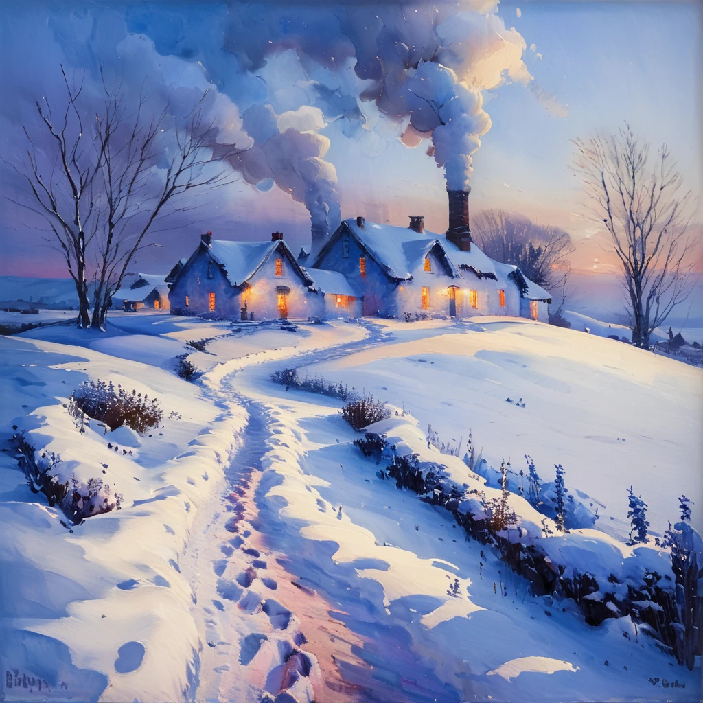 masterpiece, best quality, <lora:add-detail-xl:1>, ArsMJStyle, impressionism,  A snow-covered village at dusk, with warm light spilling from cottage windows onto the blue-shadowed snow. Smoke rises from chimneys, blending with the darkening sky. A lone figure hurries along a path, leaving a trail of footprints in the fresh snow, capturing a moment of solitary peace. <lora:ArsMJStyle-ImpressionismSDXL:1.5>