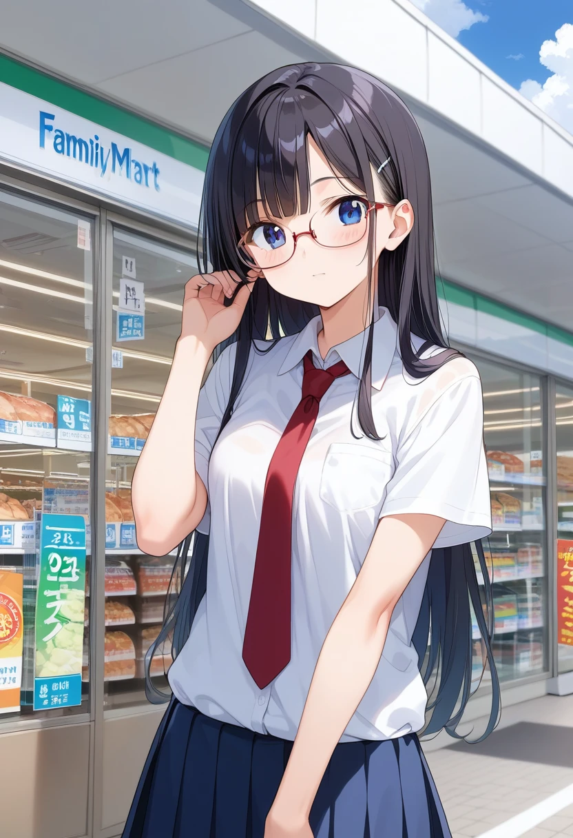 score_9, score_8_up, score_7_up, rating_safe, masterpiece, best quality, absurdres, unity 8k wallpaper, official art, official style, source_anime, uncensored, game cg, megami magazine,
1girl, solo, glasses, black hair, long hair,  collared shirt, red necktie, pleated skirt, blue skirt, looking at viewer, blush, upper body, short sleeves, 
famima, konbini, scenery, storefront, convenience store, shop, scenery, outdoors, sky, cloud, day, blue sky, sign, japan
 <lora:famima_storefront_PONY_V1:1>