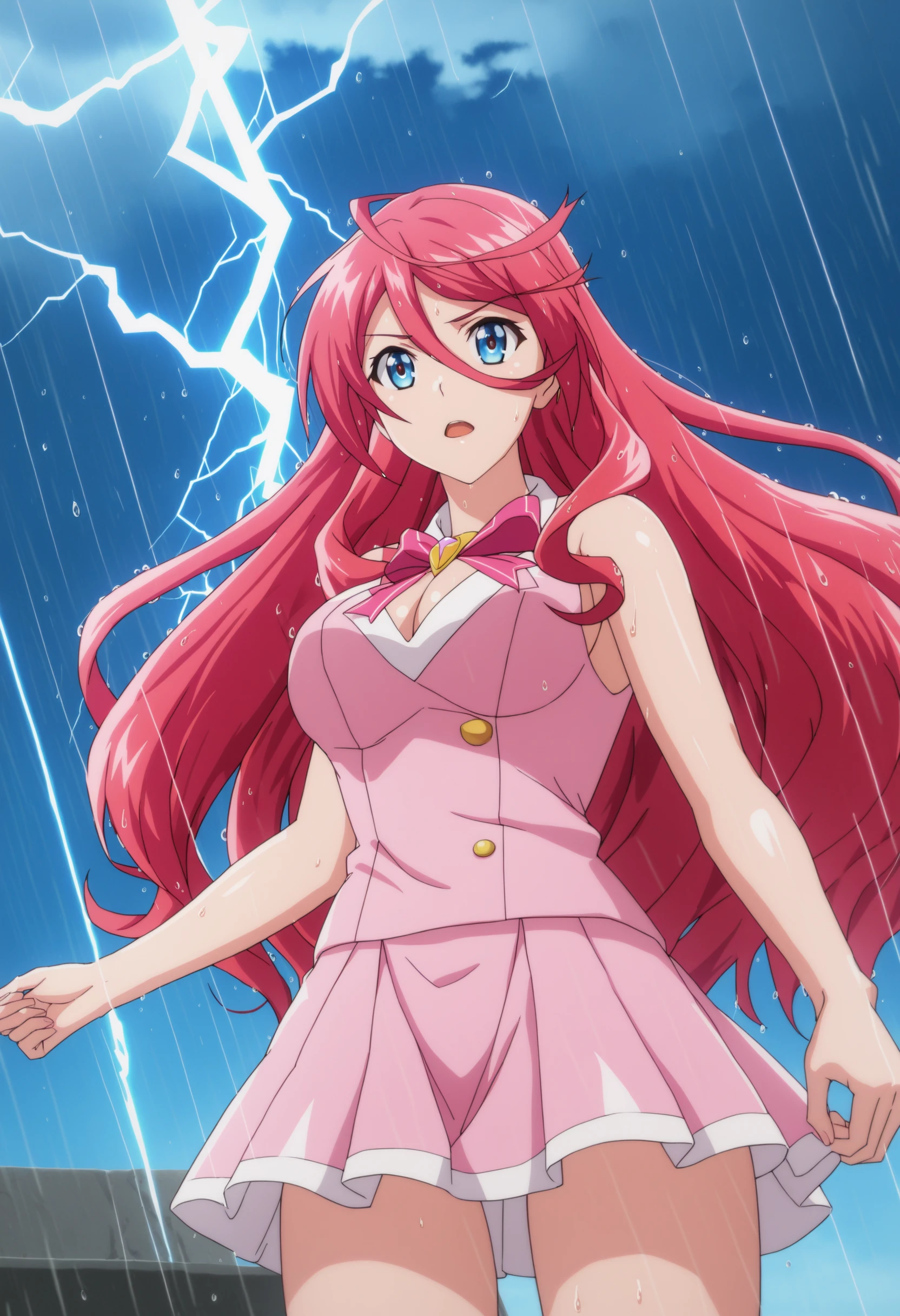 sysdeep_saria, 1girl, solo, long_hair, breasts, blue_eyes, large_breasts, hair_between_eyes, pink_hair, red_hair, sky, flying, skirt, magical_girl, pink_outfit, ward, rain, wet_clothes, thunder, lightning, casting_magic, magic, wet_hair, from_below, <lora:Saria - [The Fruit of Evolution] - SDXL Version 1:1>