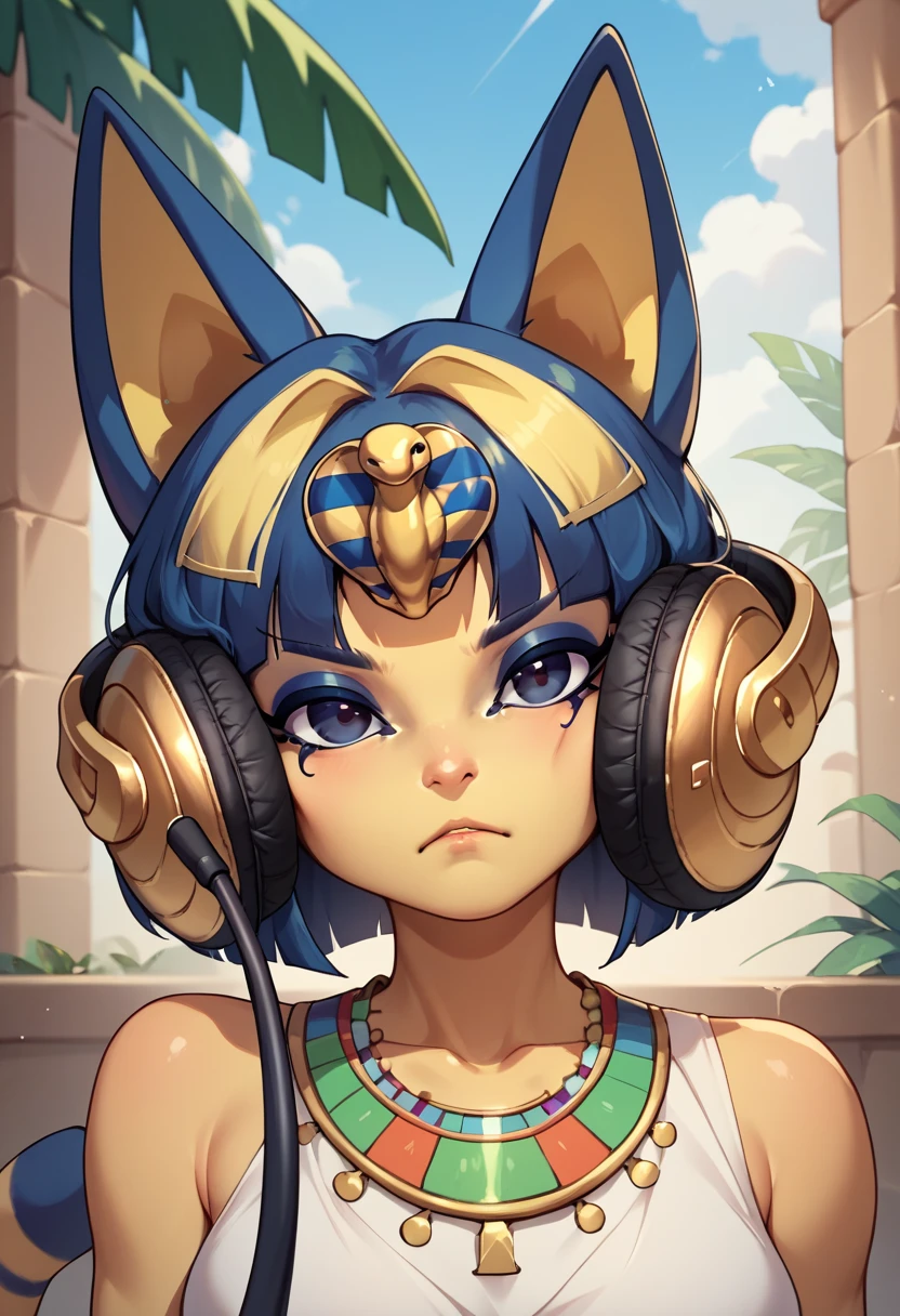 score_9, score_8_up, score_7_up, headphones, animal ears, <lora:HeadphoneCatMeme_pdxl_Incrs_v1:1>, ankha \(animal crossing\),