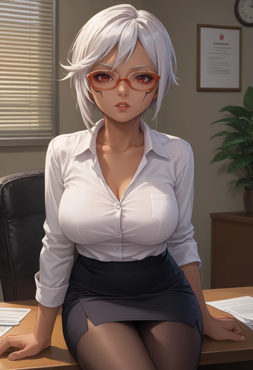 score_9, score_8_up, score_7_up, source_anime, solo, 1girl, hwcia, dark skin, facial tattoo, parted lips, looking at viewer, sitting on table, short hair, white hair, red eyes, glasses, semi-rimless eyewear, white shirt, collared shirt, black skirt, pencil skirt, black pantyhose, large breasts, indoors, office <lora:hyrulewarriors_cia_ponyXL-000006:1>