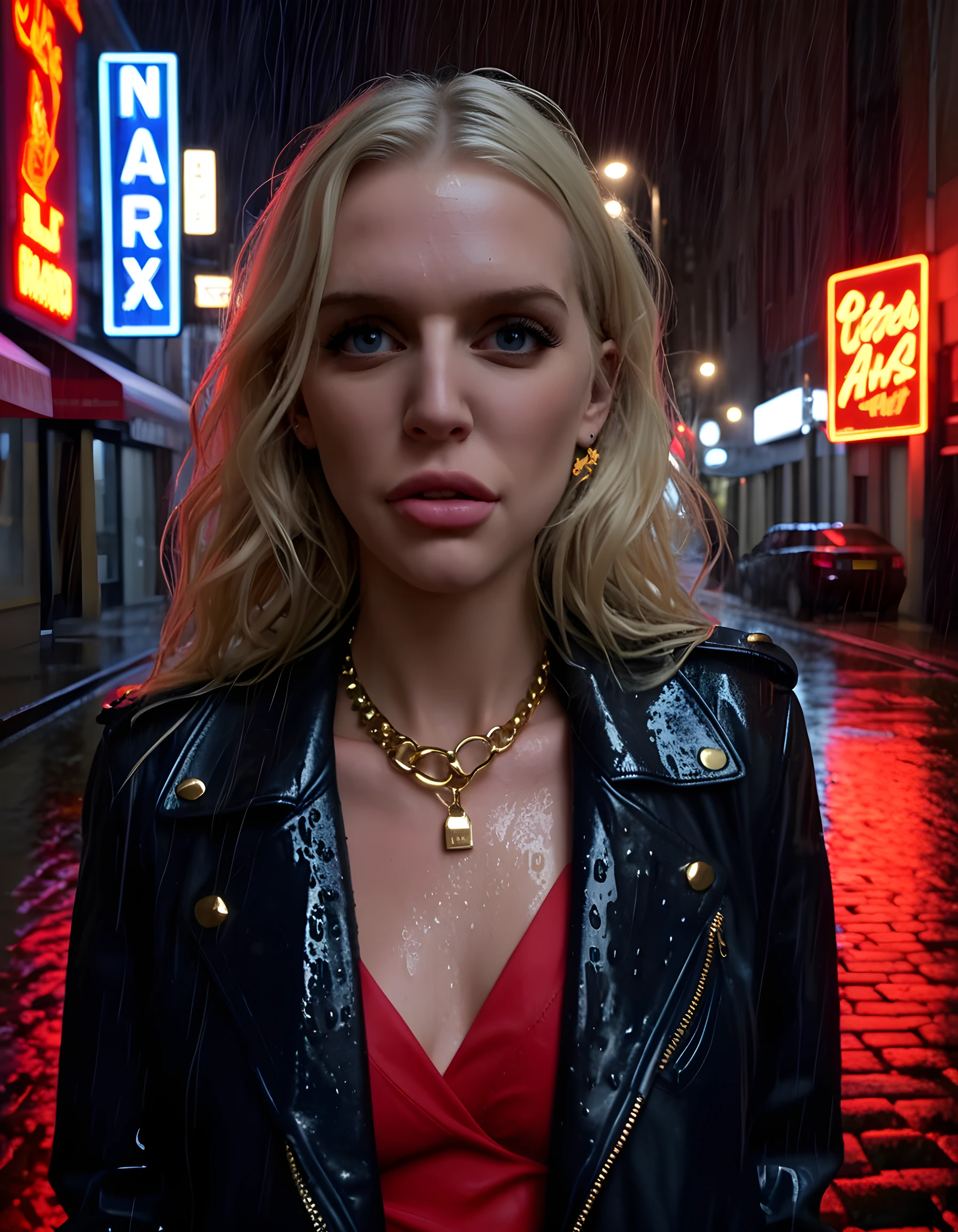 In a gritty, noir-inspired urban landscape of rain-slicked cobblestones and neon signs, a close-up portrait captures AL3X4NDR4C, a woman with long, wavy blonde hair that cascades down her shoulders, her deep blue eyes piercing and intense as she gazes directly at the viewer. Her lips are painted a bold, fiery red, and she wears an eccentric outfit: a black leather jacket with gold studs and spiked collar, paired with a red mini-dress adorned with silver chains and crystals. The camera angle is low and slightly off-center, casting her in a mysterious, alluring light as she stands in the shadows, her body language exuding confidence and power amidst the dimly lit, rain-soaked alleyway.