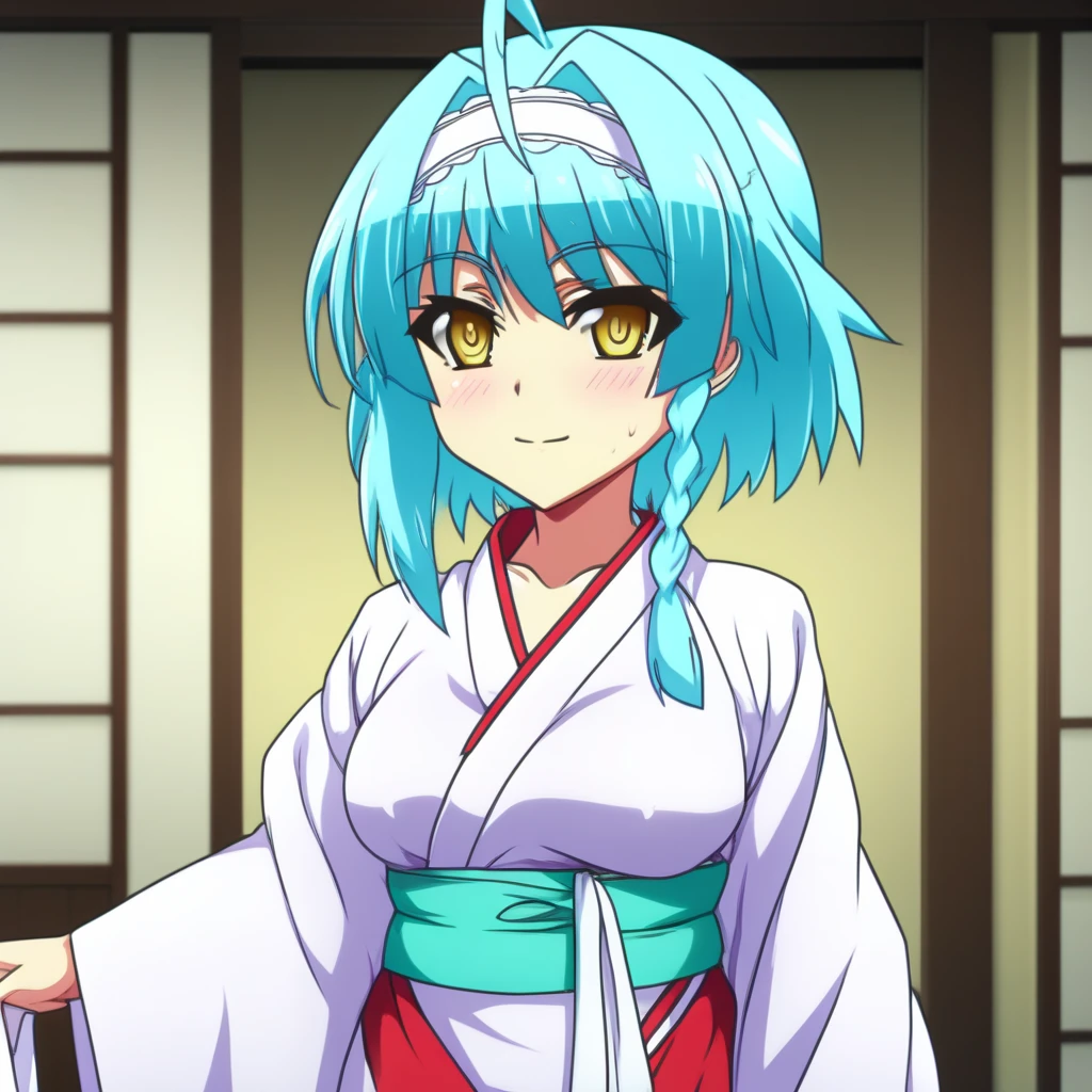 score_9, score_8_up, score_7_up, source_anime,  NonakaYuki, 1girl, solo, closed mouth, light smile, blush, aqua hair, yellow eyes, side braid, YukiWedding, japanese clothes, (hood:1.2), white kimono, red sash, standing, looking at the viewer,  indoors