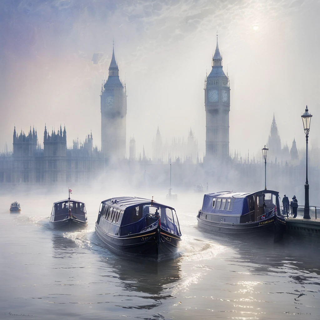 masterpiece, best quality, <lora:add-detail-xl:1>, <lora:ArsMJStylePony_-_Impressionism:1>, ArsMJStyle, impressionism,  A misty morning on the Thames, with London shrouded in fog. The iconic silhouette of the Houses of Parliament looms in the background, while boats navigate the hazy waters. Streaks of early sunlight break through the mist, creating an ethereal, dreamlike atmosphere.