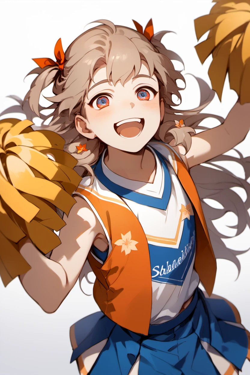 score_9, score_8_up, score_7_up, masterpiece, best quality, 1boy, solo, young boy,   shentafei, light brown hair, two-colored eyes,long hair, <lora:ShenTafeiPonyV3:1>,    <lora:cheerleader_pony_V1.0:1> jyojifuku, cheerleader, pom pom \(cheerleading\), smile, open mouth,  <lora:half twintail_pony_V1.0:0.8> half twintail, ribbon