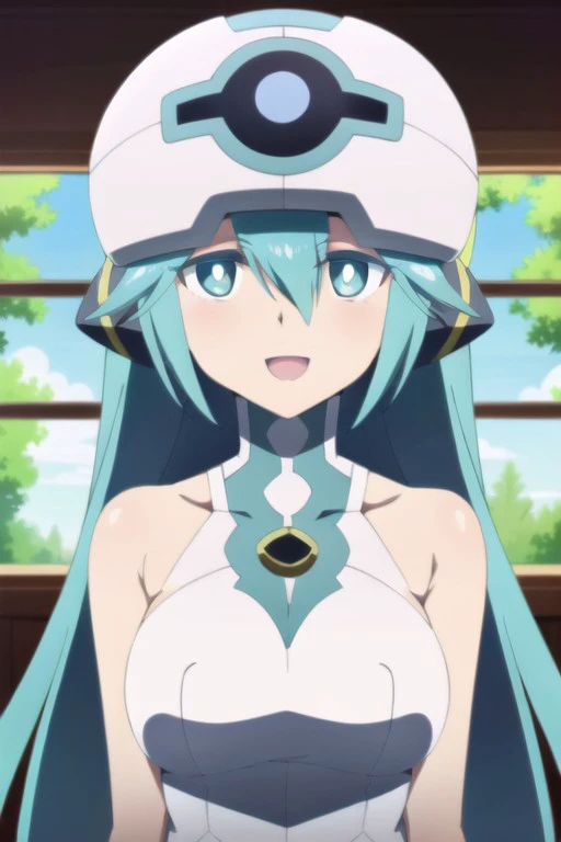 (masterpiece),iona,aqua hair, long hair, aqua eyes, 1girl, solo, helmet, open mouth, looking at viewer, anime coloring, hair between eyes, smile, window, indoors