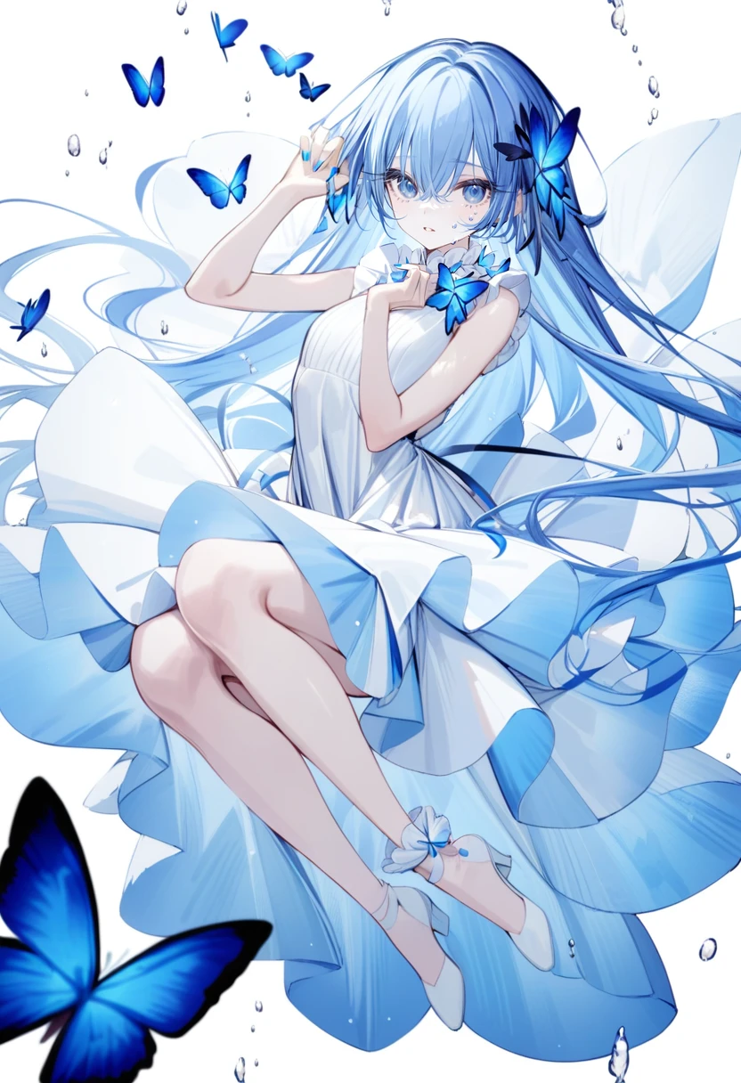 elegant,Holding a folding fan,fullbody,(Soft colors), (muted colors), (high quality render), light blue moon jellyfish personified, dainty, pearls, white color theme, ((illustration))