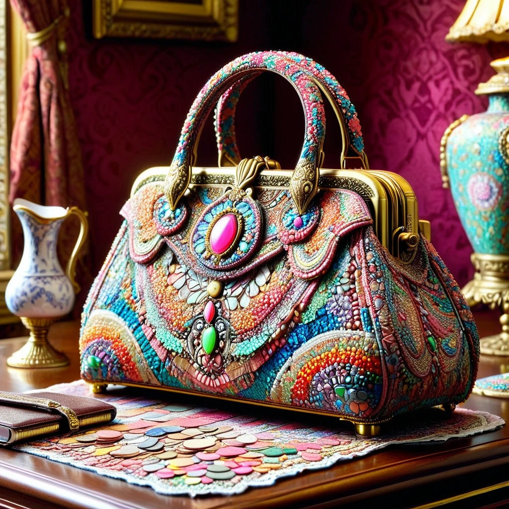 conf3tti, purse made of confetti, fashion, luxurious, intricate, vibrant colors, on an ornate desk, victorian parlor background  <lora:Confetti_World_Morph:1>