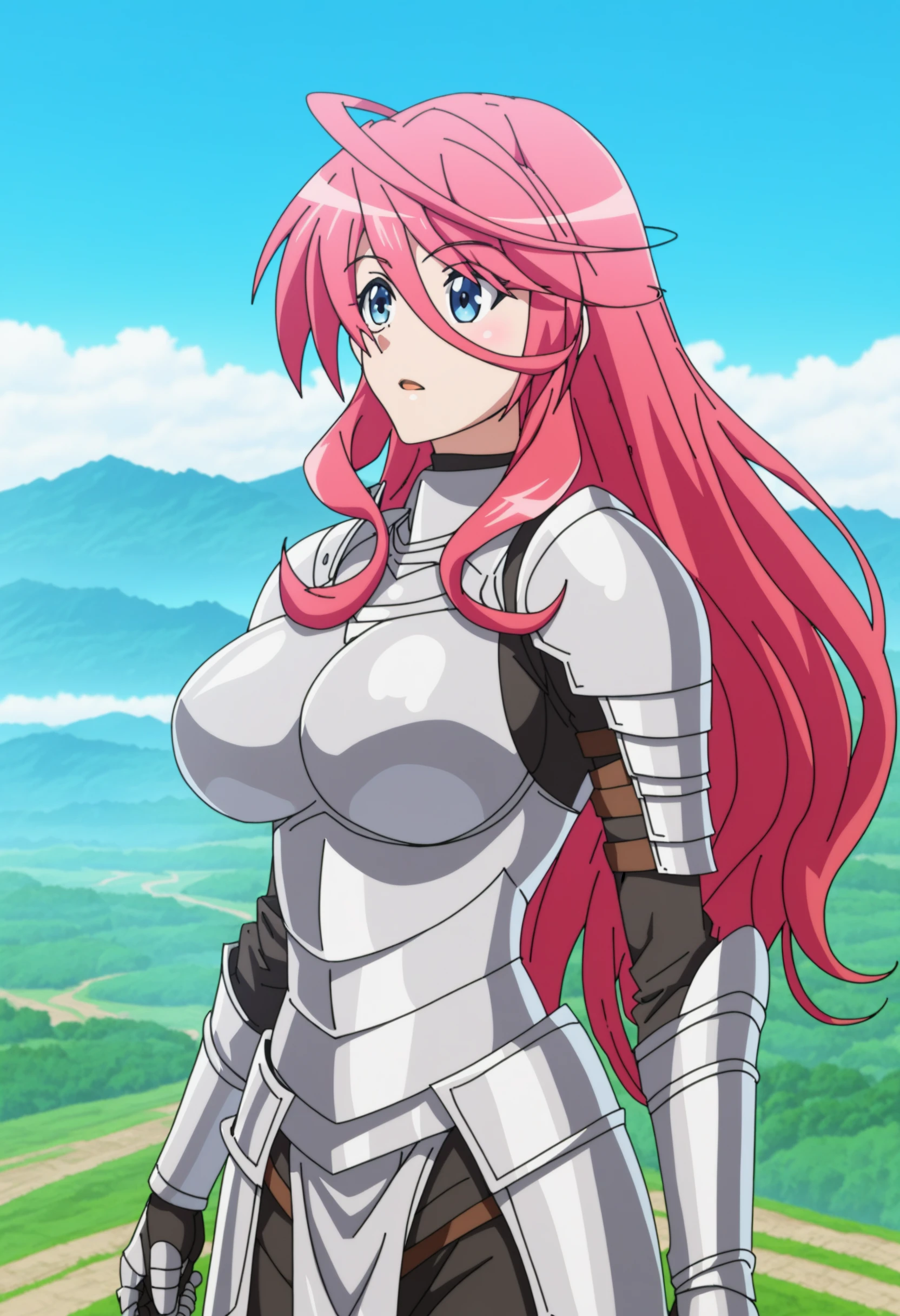 score_9, source_anime BREAK sysdeep_saria, 1girl, solo, long hair, breasts, blue eyes, large breasts, hair between eyes, pink hair, red hair, metal armor, knight, hill, outdoors, castle, scenery, <lora:Saria - [The Fruit of Evolution] - Pony Version 1:1>