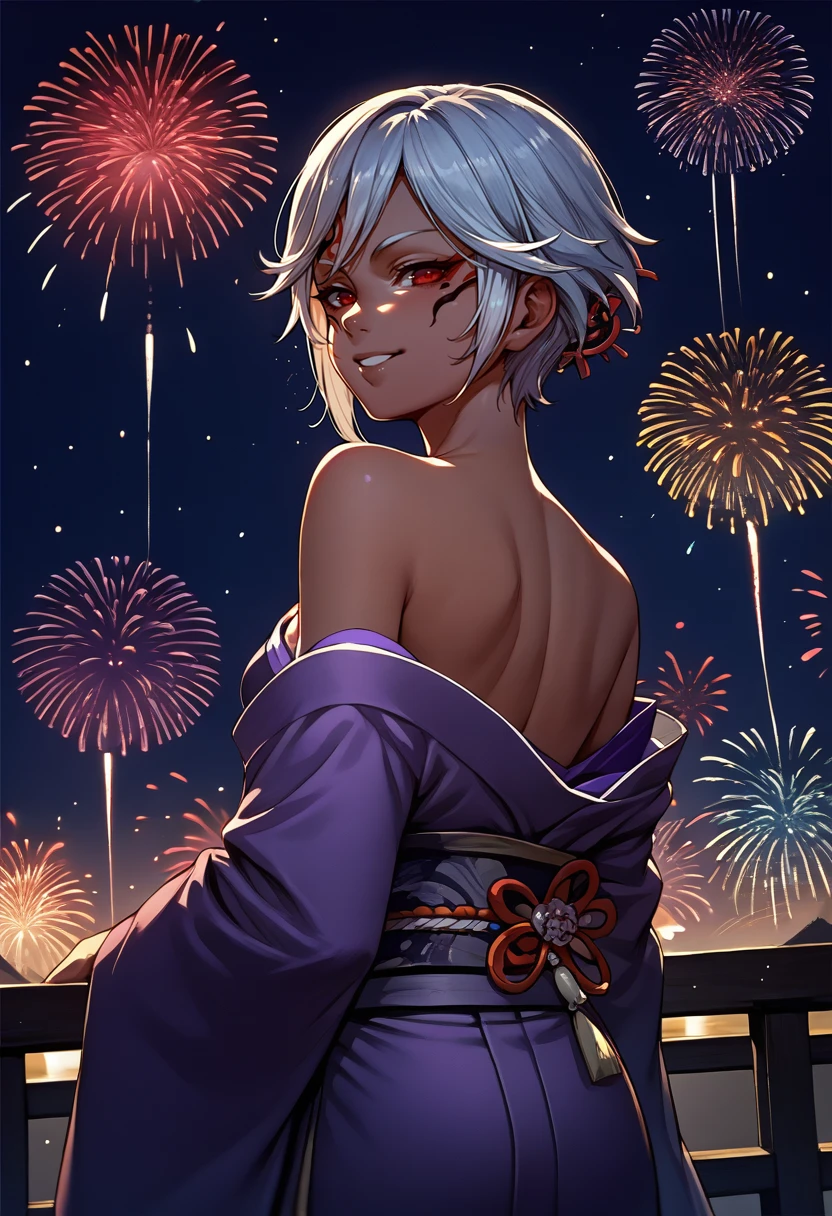 score_9, score_8_up, score_7_up, source_anime, from behind, solo, 1girl, hwcia, dark skin, facial tattoo, smile, looking back, short hair, white hair, red eyes, japanese clothes, purple kimono, off shoulder, bare shoulders, fireworks <lora:hyrulewarriors_cia_ponyXL-000006:1>