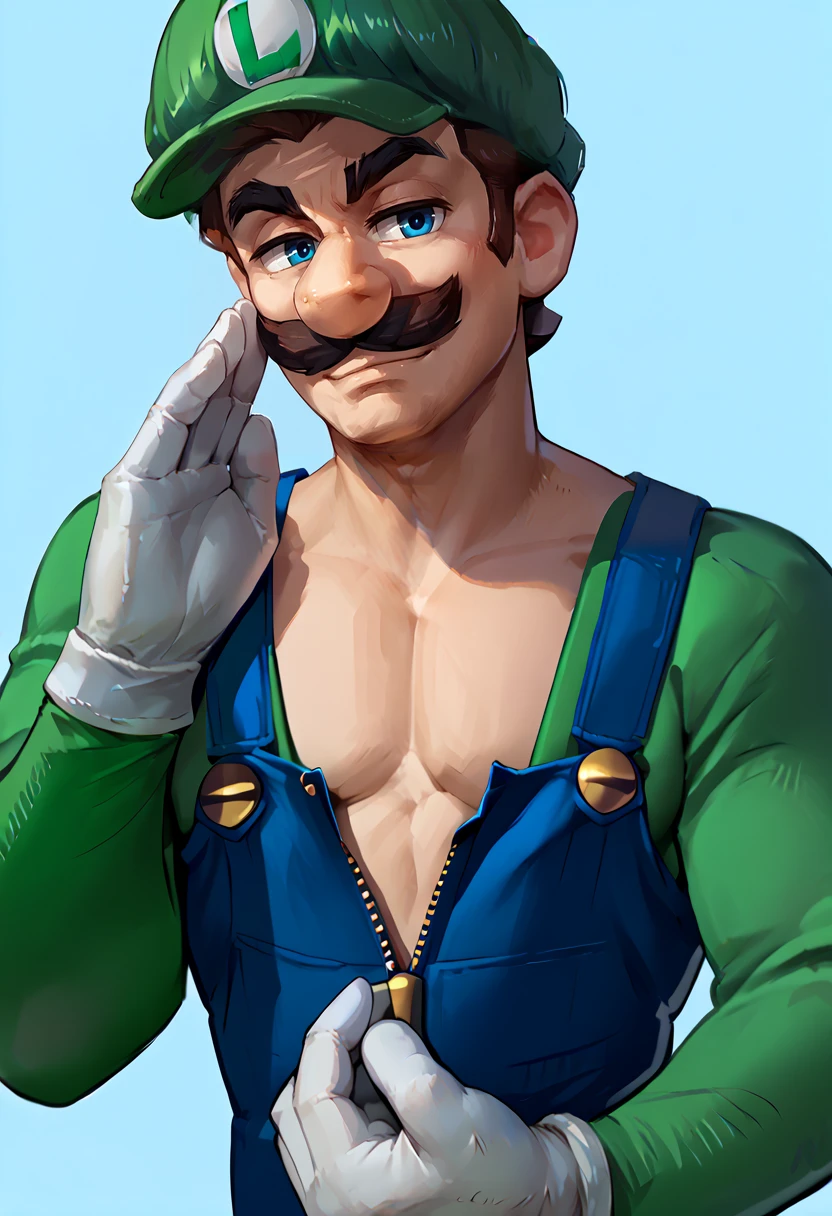 score_9, score_8_up, score_7_up, whispering, hand up, <lora:WhisperingPOV_pdxl_Incrs_v1:1>, 1boy, <lora:Luigi_XLPD:1> Incrsluigi, luigi, green headwear, blue overalls, white gloves, long sleeves <lora:Degen_Unzip_Beta:0.8> front_zipper_pulldown, cleavage, partially unzipped, smirk, looking at viewer, upper body,