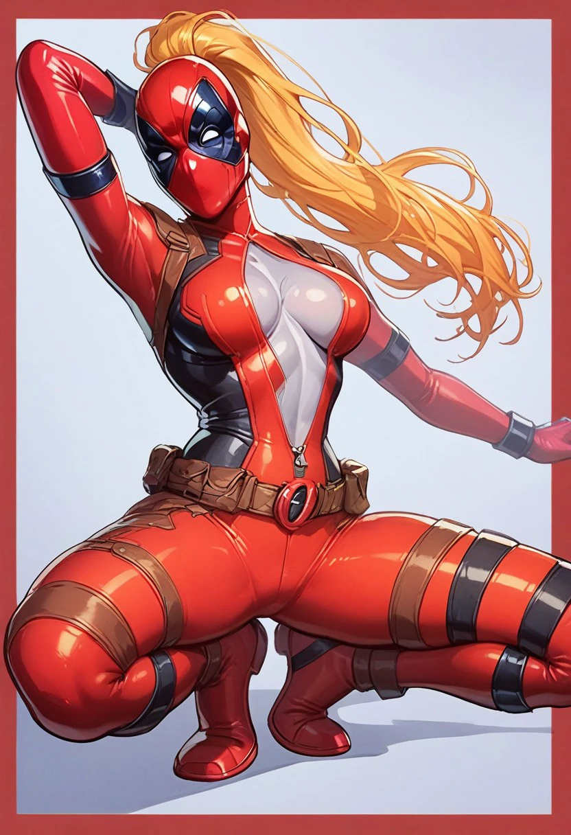 score_9, score_8_up, score_7_up, score_6_up, score_5_up, score_4_up,intricate detail, high res,
1girl, solo, bodysuit, blonde hair, ponytail mask, mask, breasts, cleavage (white skin), front zipper,
Full body, fully clothed, comic book border, red border,bowlegged_pose,