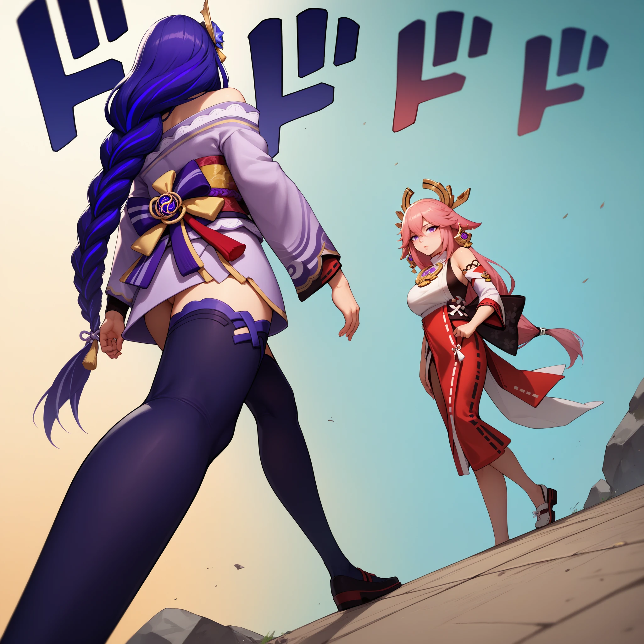 score_9, score_8_up, score_7_up, ApproachingMeMeme, dutch angle, walking, <lora:ApproachingMeMeme_pdxl_Incrs_v1:0.5>, 2girls, 
BREAK raiden shogun, thighhighs, kimono, 
BREAK yae miko,