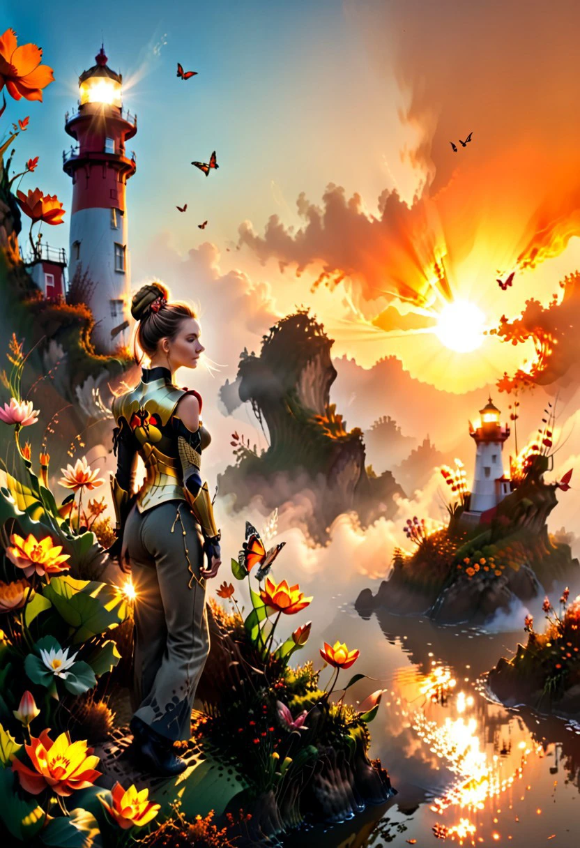 cliff, sunlight, flower field, lotus, armor, butterfly, hair bun, autumn leaves, smoke, bamboo, full moon, orange sky, in tree, lighthouse, pants, ship, skyscraper, lily pad